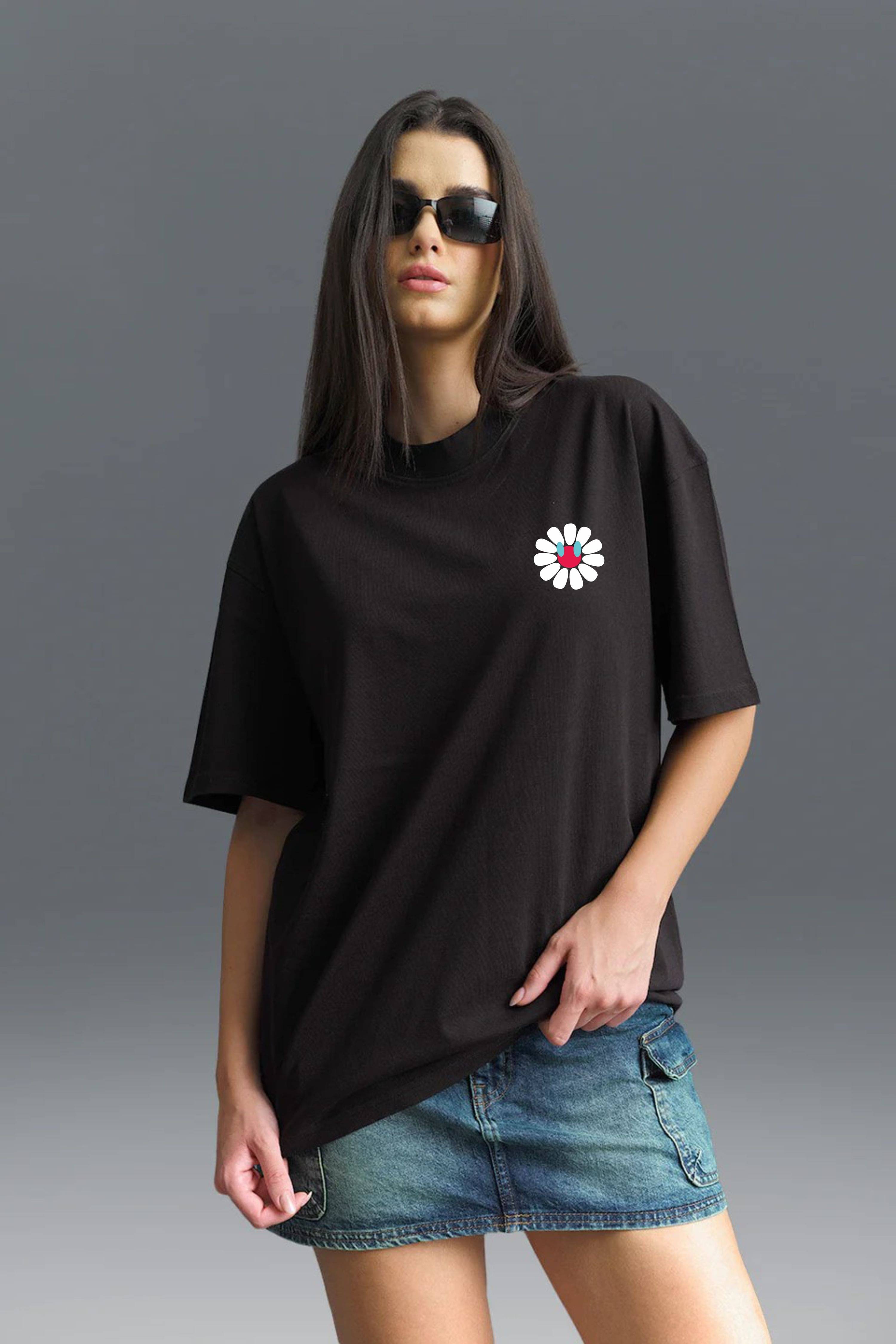     			ekadravin Women Cotton Printed Oversized Fit Round Neck T-Shirt ( Black )