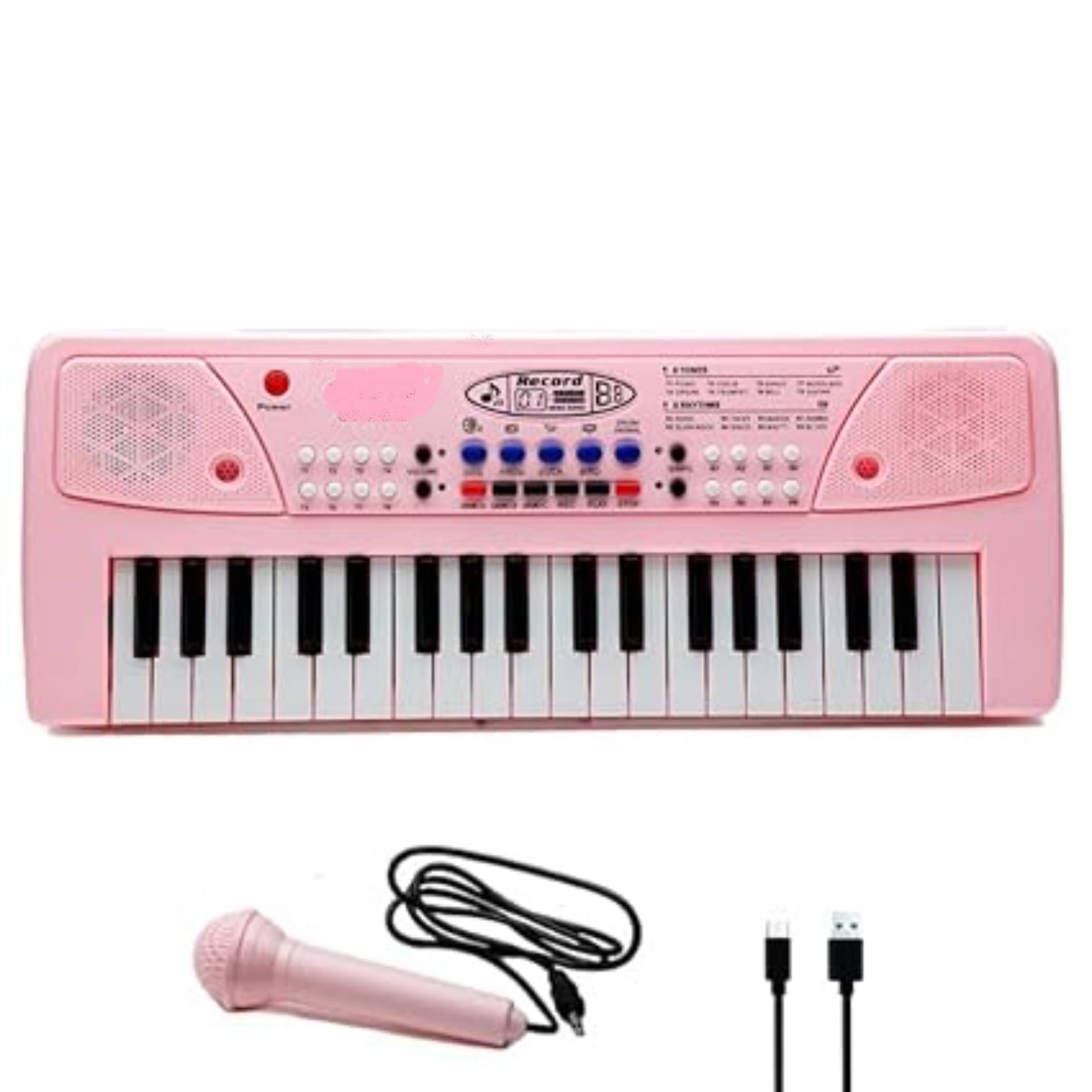     			37 Key Musical Piano Keyboard with Microphone 8 Rhythms, 8 Tones, 6 Demos, Song Record Feaure Dual Power Supply USB Included Pink Color