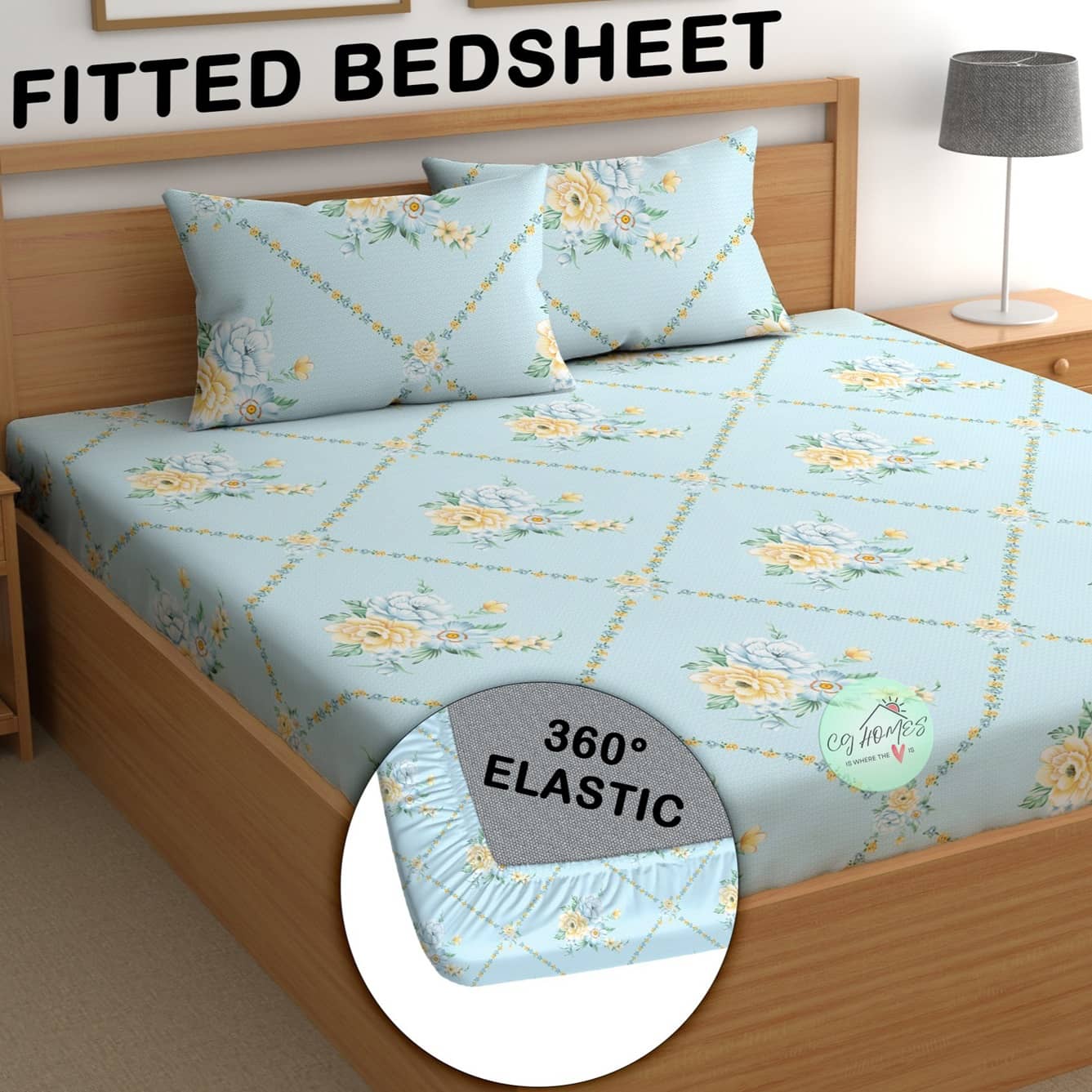 CG HOMES Microfibre Floral Fitted ( Double Bed ) - Sky Blue