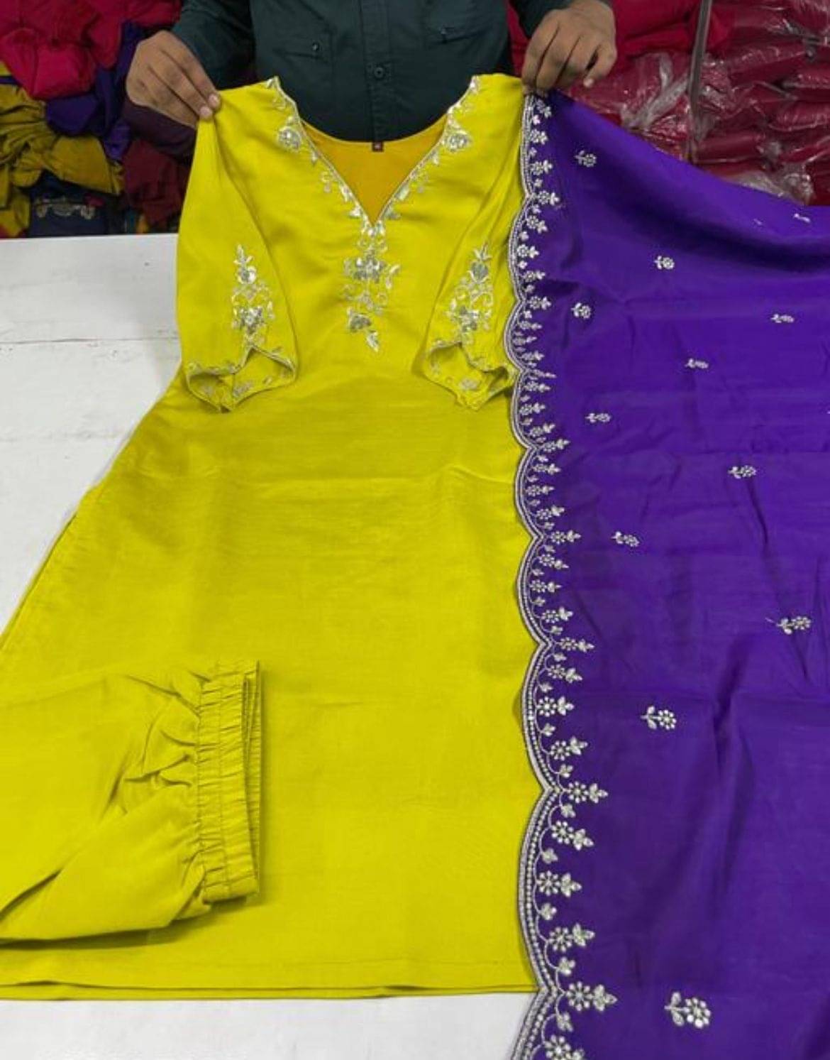 DIVYA VALLABHBHAI KATARIYA Women Chanderi Embellished Straight Kurti With Pants ( Lime Green ) DIVYA VALLABHBHAI KATARIYA Women Chanderi Embellished Straight Kurti With Pants ( Lime Green )