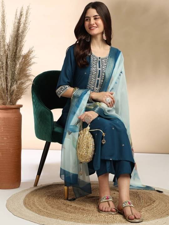 DIVYA VALLABHBHAI KATARIYA Women Rayon Solid A-line Kurti With Pants ( Teal ) DIVYA VALLABHBHAI KATARIYA Women Rayon Solid A-line Kurti With Pants ( Teal )
