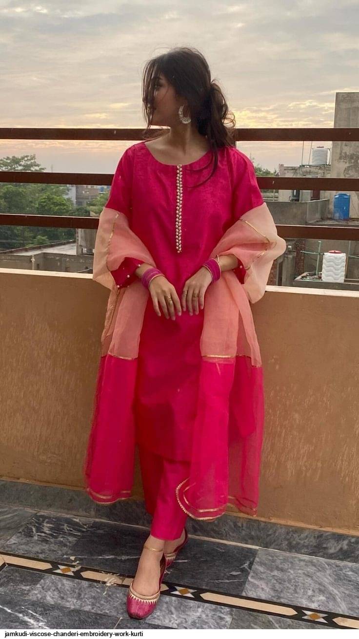 DIVYA VALLABHBHAI KATARIYA Women Silk Blend Solid A-line Kurti With Pants ( Pink )     			DIVYA VALLABHBHAI KATARIYA Women Silk Blend Solid A-line Kurti With Pants ( Pink )