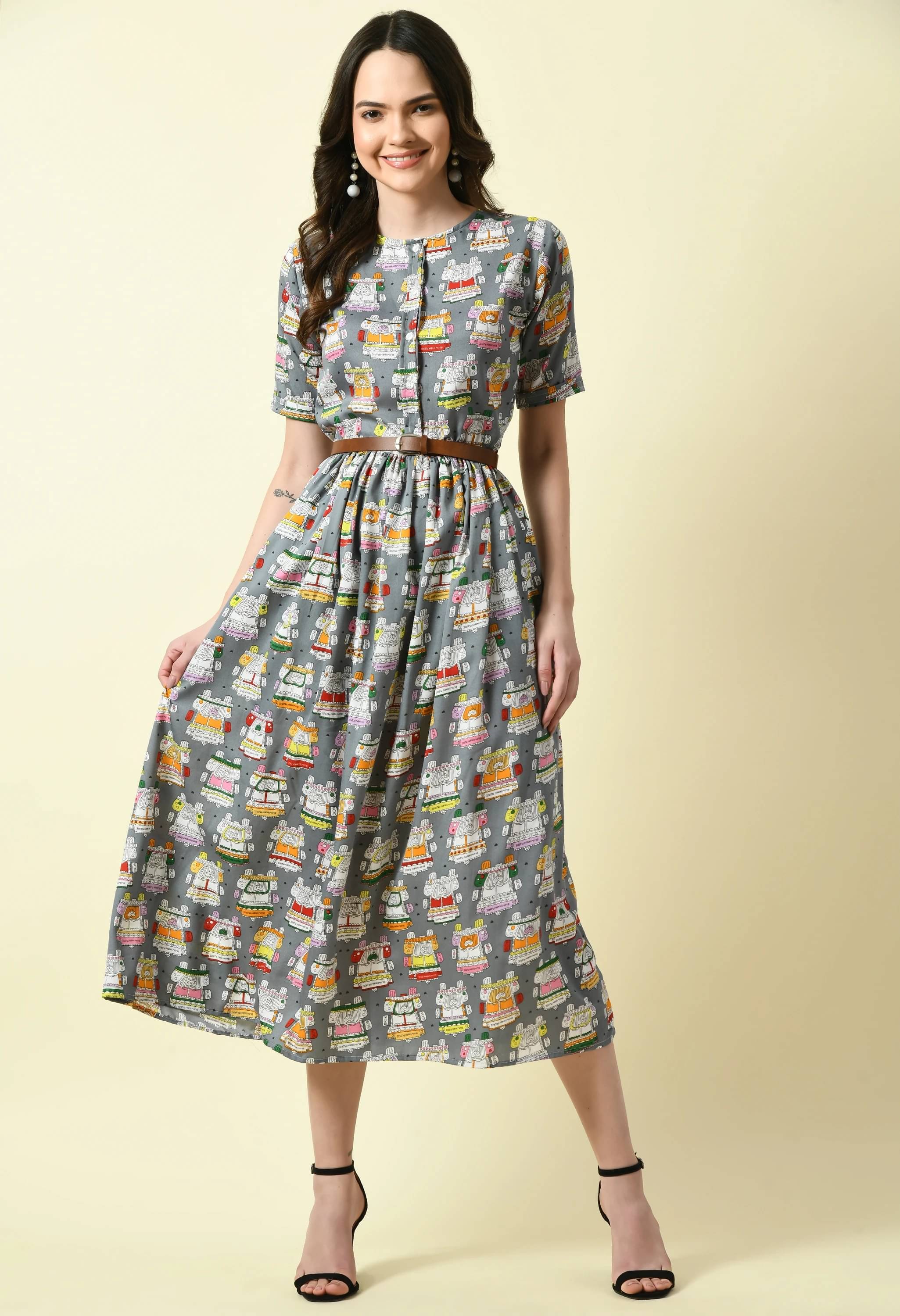     			Divine Bezz Women Crepe Printed Fit & Flare Dress ( Grey )