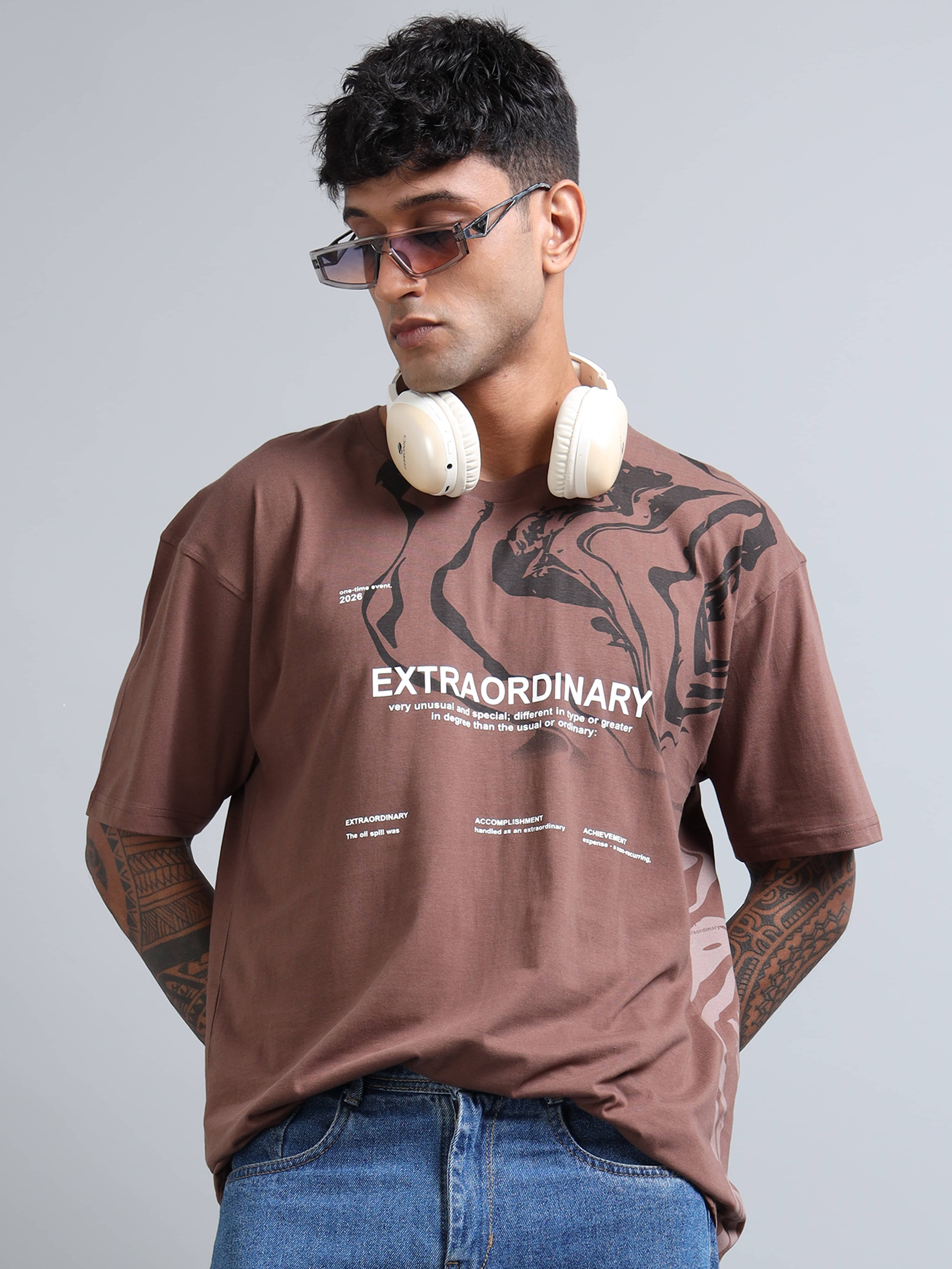 FROSEN FOX Men Cotton Blend Oversized Fit Printed T-Shirt ( Coffee ) FROSEN FOX Men Cotton Blend Oversized Fit Printed T-Shirt ( Coffee )
