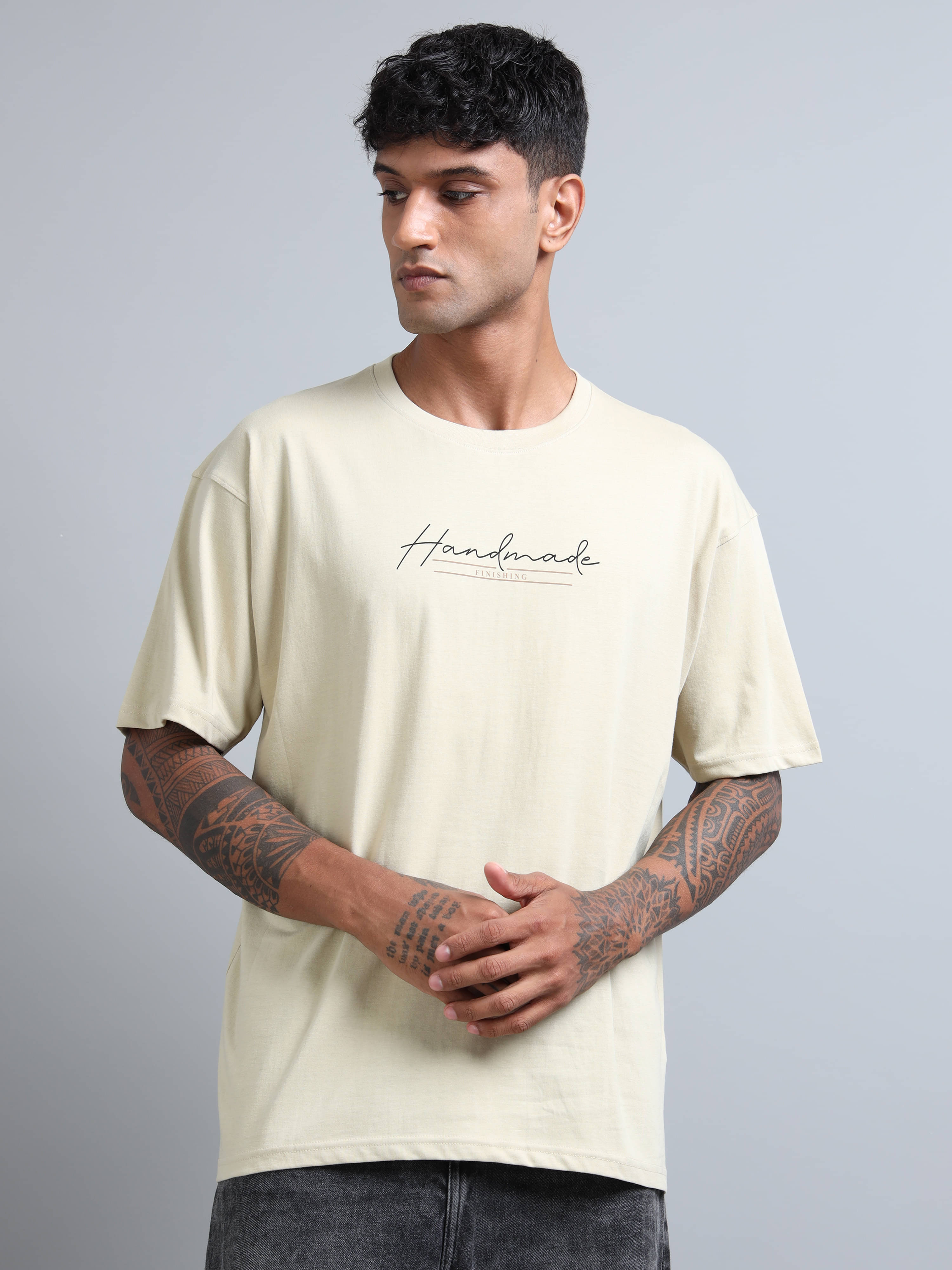 FROSEN FOX Men Cotton Blend Oversized Fit Printed T-Shirt ( Beige ) FROSEN FOX Men Cotton Blend Oversized Fit Printed T-Shirt ( Beige )