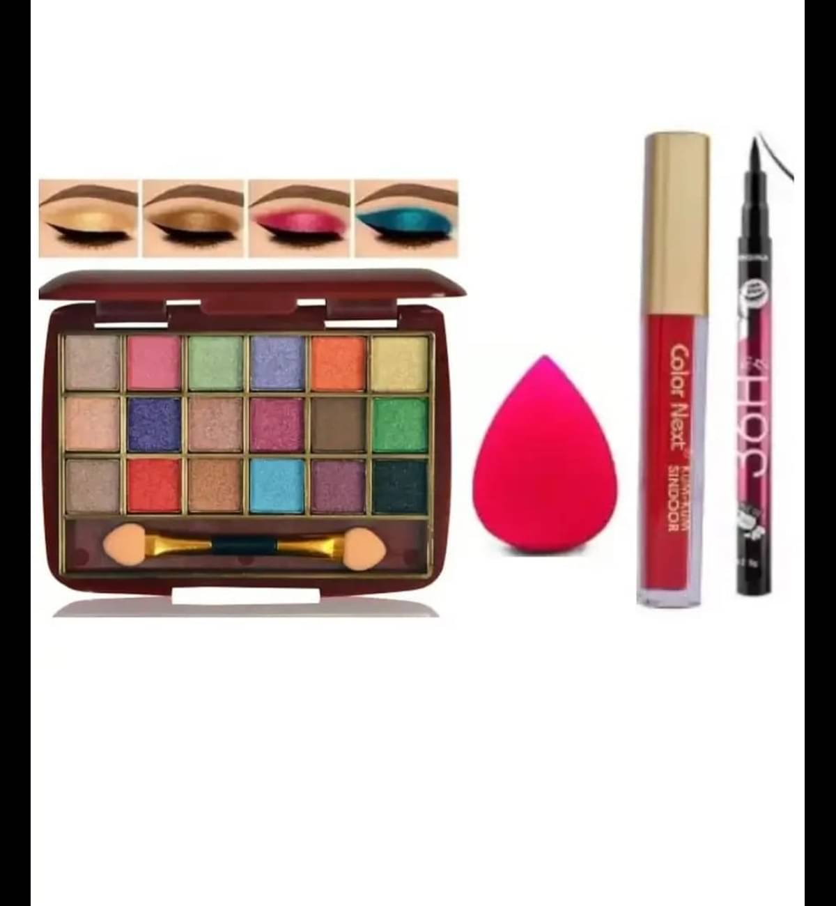     			Generic Makeup Essentials Glittery Eyeshadow + Eyeliner + Sindoor + Beauty Blender Combo (Pack of 4)