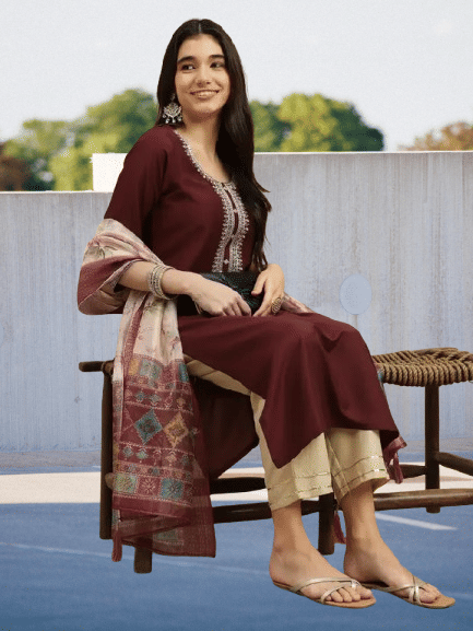 KRISHNA ENTERPRISE Women Cotton Blend Embroidered A-line Kurti With Pants ( Maroon ) KRISHNA ENTERPRISE Women Cotton Blend Embroidered A-line Kurti With Pants ( Maroon )