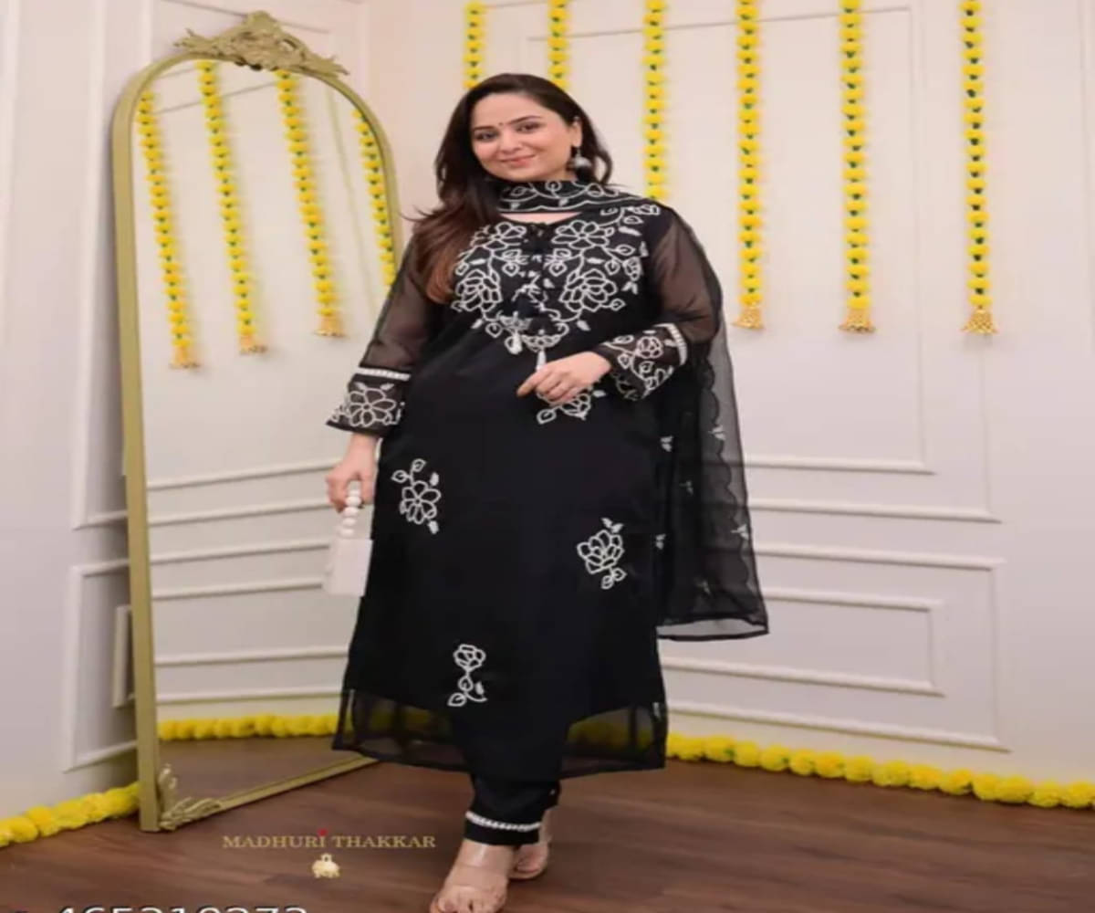 KUNJ CRAETION Women Georgette Embroidered A-line Kurti With Pants ( Black )     			KUNJ CRAETION Women Georgette Embroidered A-line Kurti With Pants ( Black )