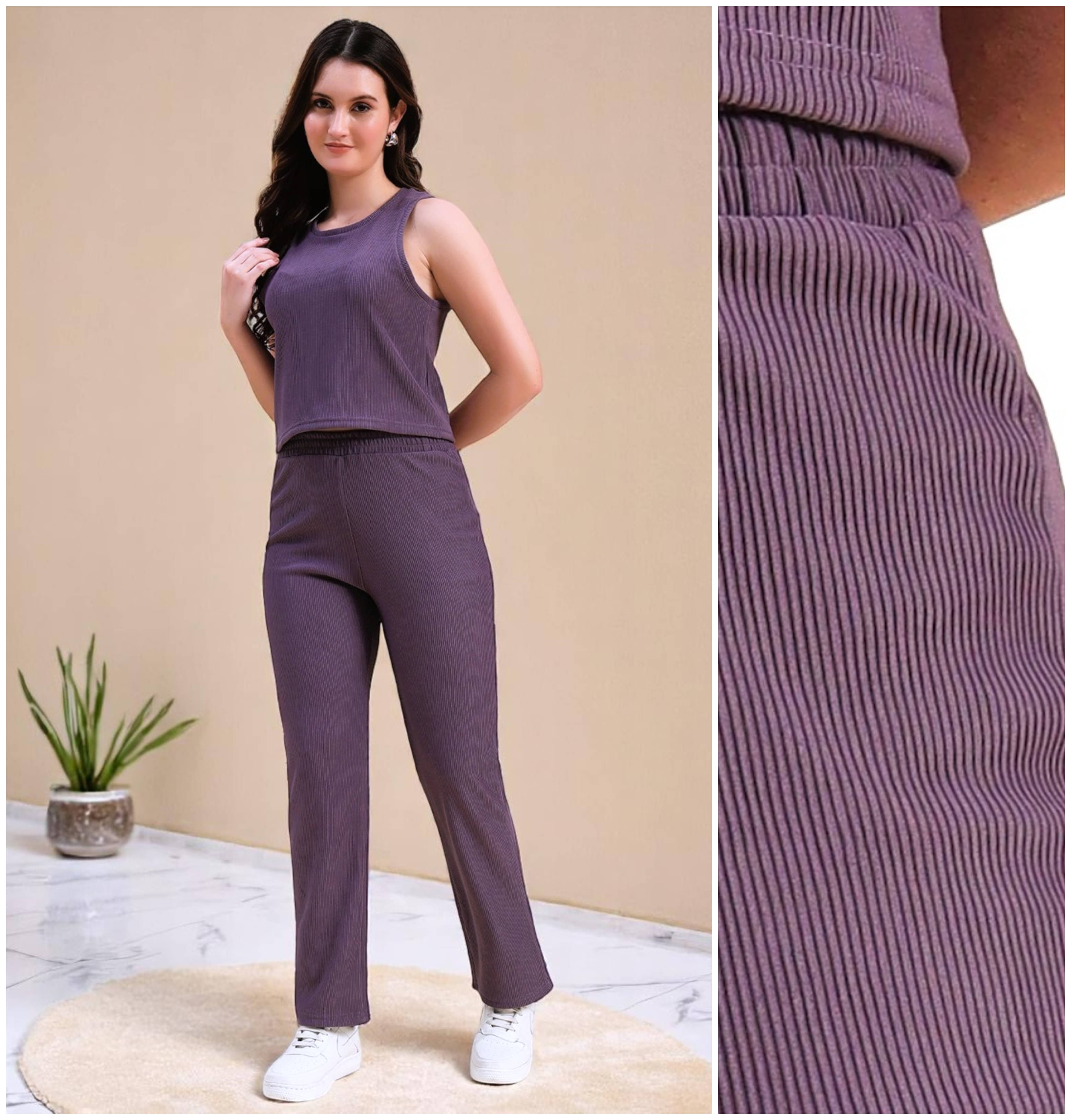     			Leewan Women Self Design T-Shirt With Trousers Co-Ord Set ( Lavender )