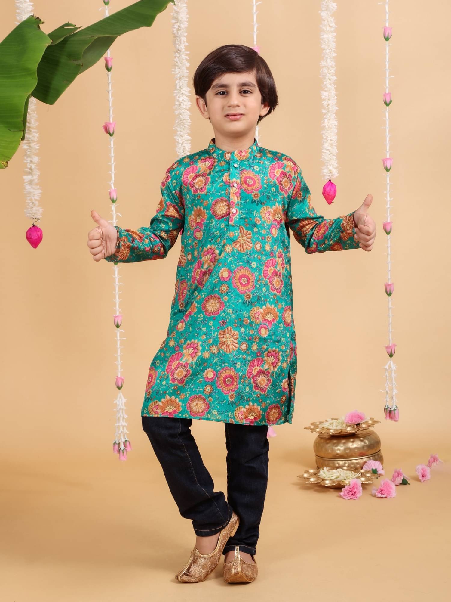     			MASTARANG Boys Polyester Floral Pattern Kurta ( Green , Pack of 1 )