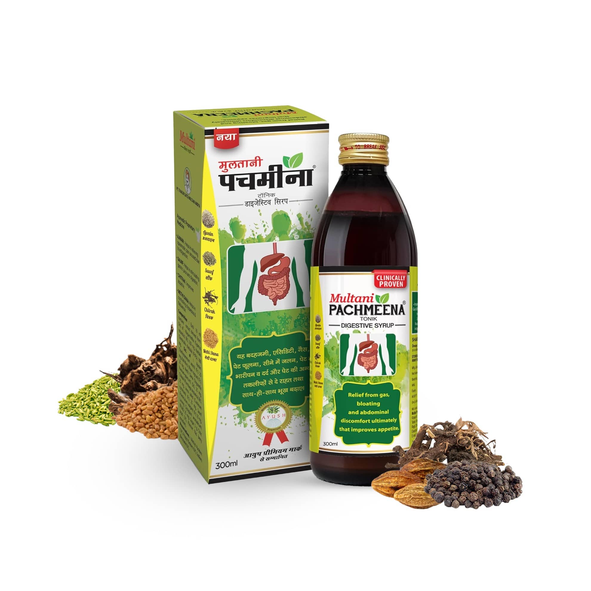 Multani Pachmeena Tonik Digestive Syrup Relief From Acidity & Abdominal Discomfort, Gas, Bloating - (Pack of 2) X 300ml