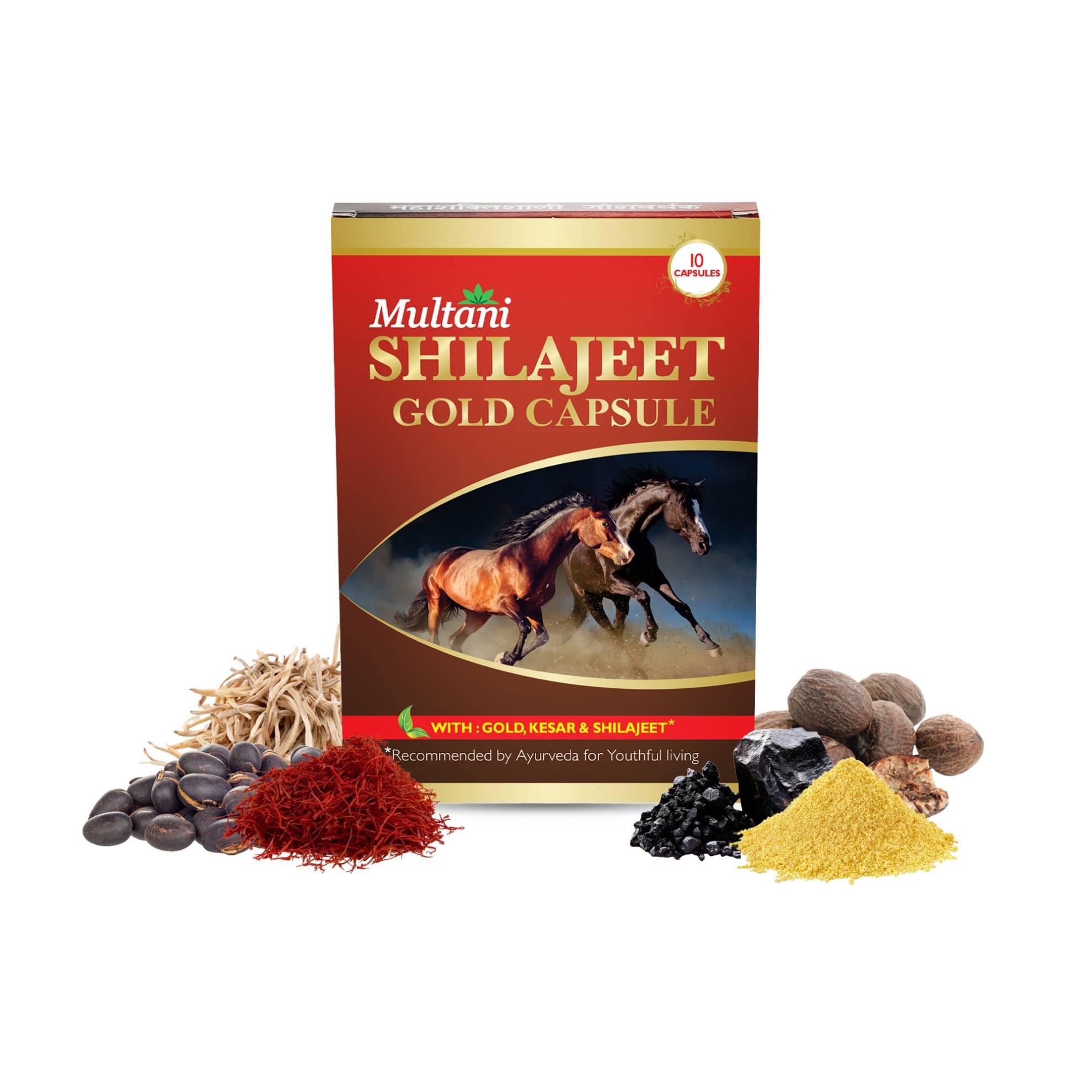     			Multani Shilajeet Gold Capsule- For Youthful Living, Enriched With Gold, Kesar, Safed Musli & Shilajeet Original, Ayurvedic Shilajit Capsule For Stamina & Endurance, 10 Capsule