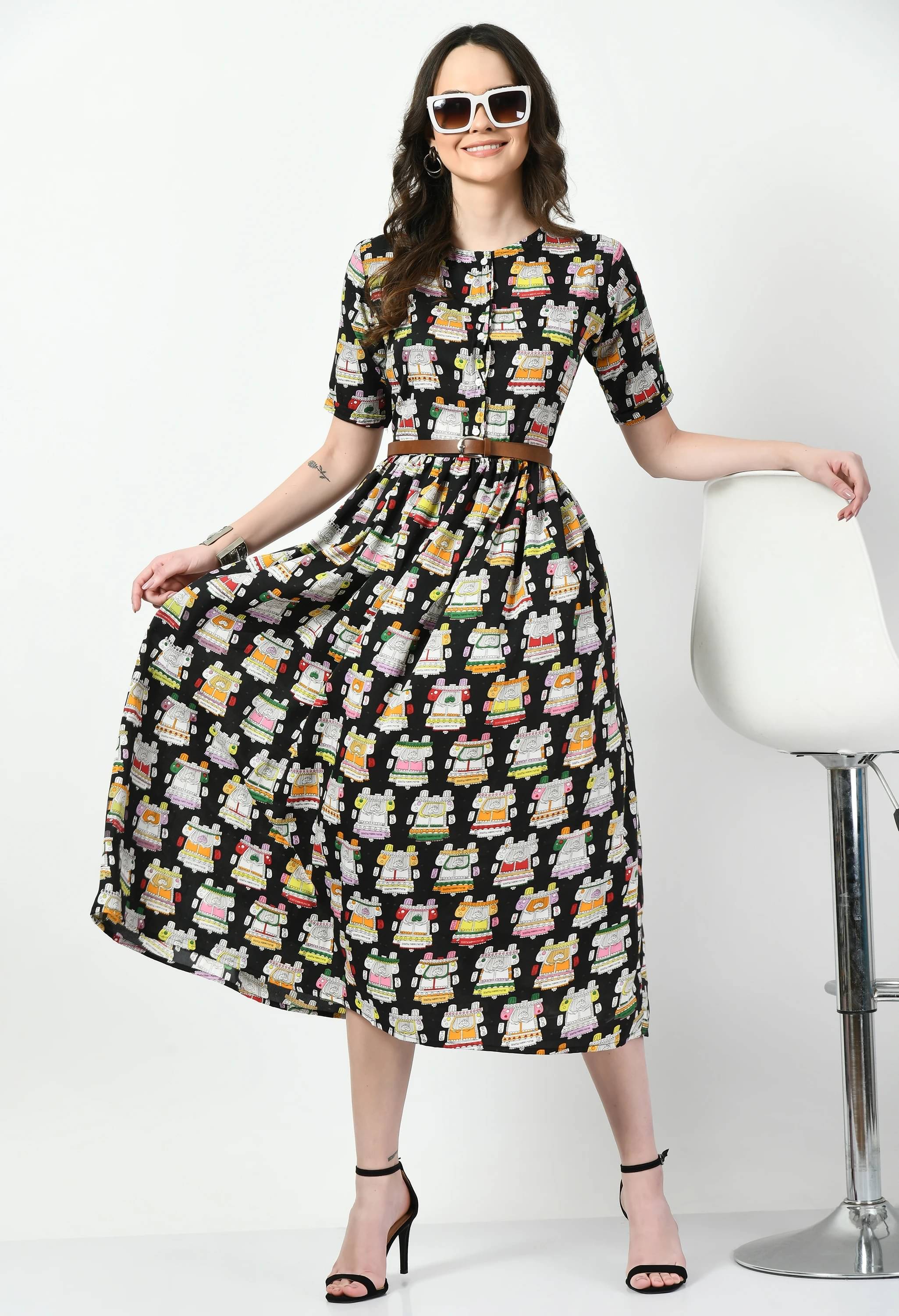     			PASHUPATI NATH TRADERS Women Crepe Printed A-line Dress ( Black )