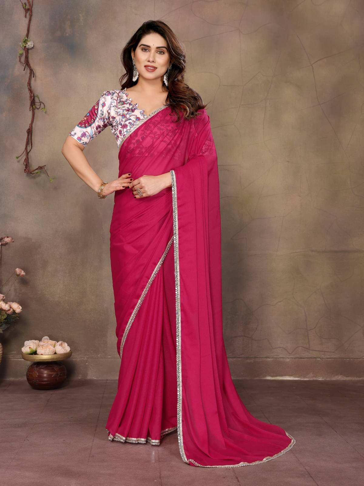     			PEER STORE Chiffon Solid Sambalpuri Saree With Unstitched Blouse Piece ( Pink )