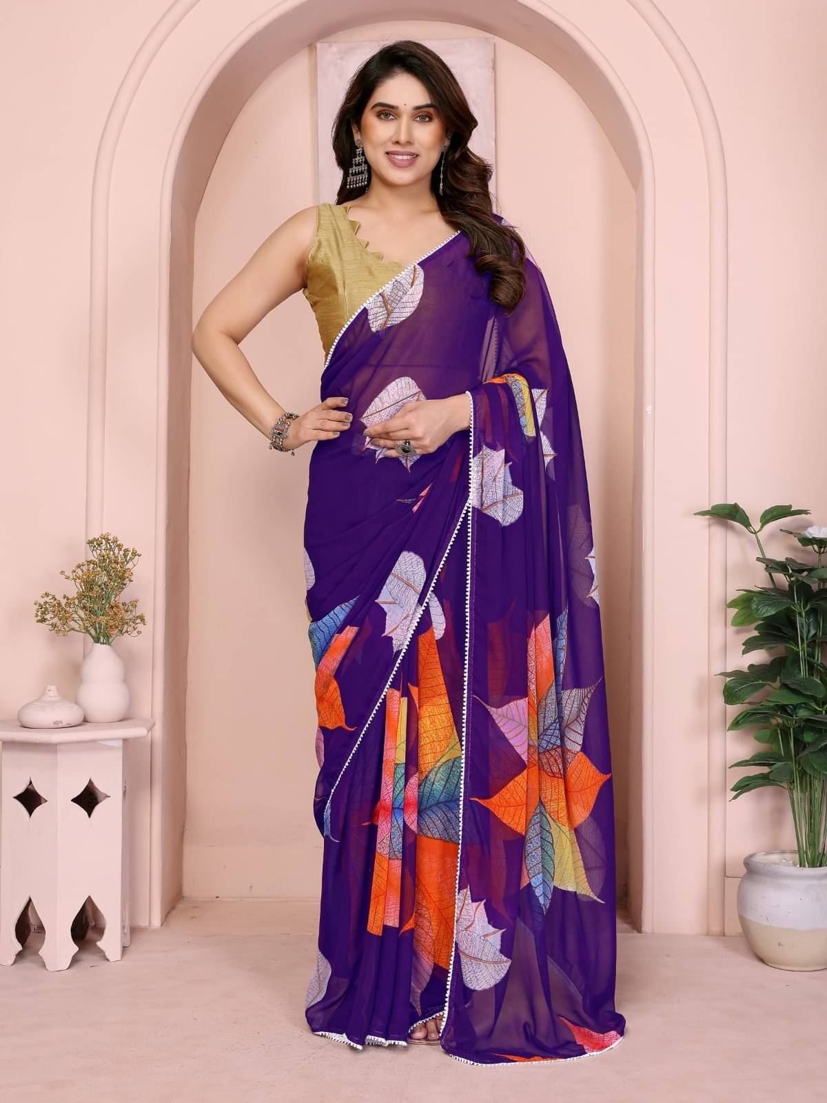 PEER STORE Georgette Printed Pochampally Ikkat Saree Without Blouse Piece ( Purple ) PEER STORE Georgette Printed Pochampally Ikkat Saree Without Blouse Piece ( Purple )