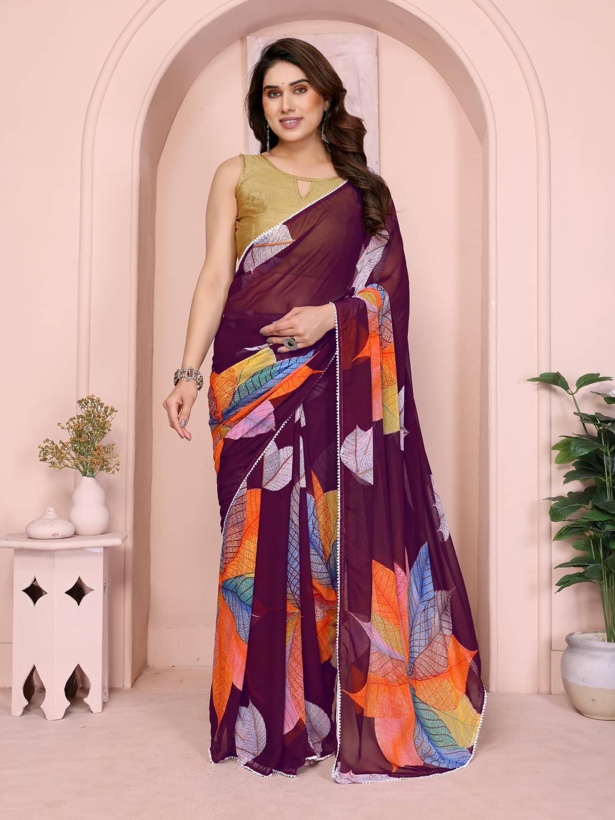 PEER STORE Georgette Printed Pochampally Ikkat Saree With Unstitched Blouse Piece ( Mauve ) PEER STORE Georgette Printed Pochampally Ikkat Saree With Unstitched Blouse Piece ( Mauve )