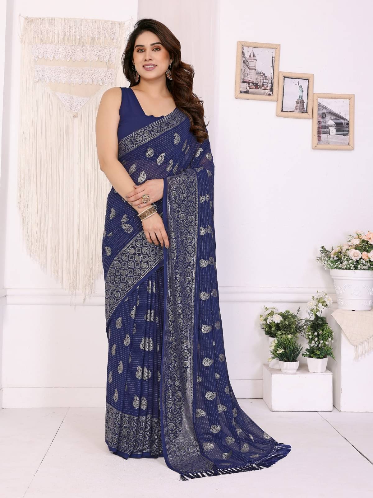 PEER STORE Georgette Self Design Pochampally Ikkat Saree With Unstitched Blouse Piece ( Blue ) PEER STORE Georgette Self Design Pochampally Ikkat Saree With Unstitched Blouse Piece ( Blue )