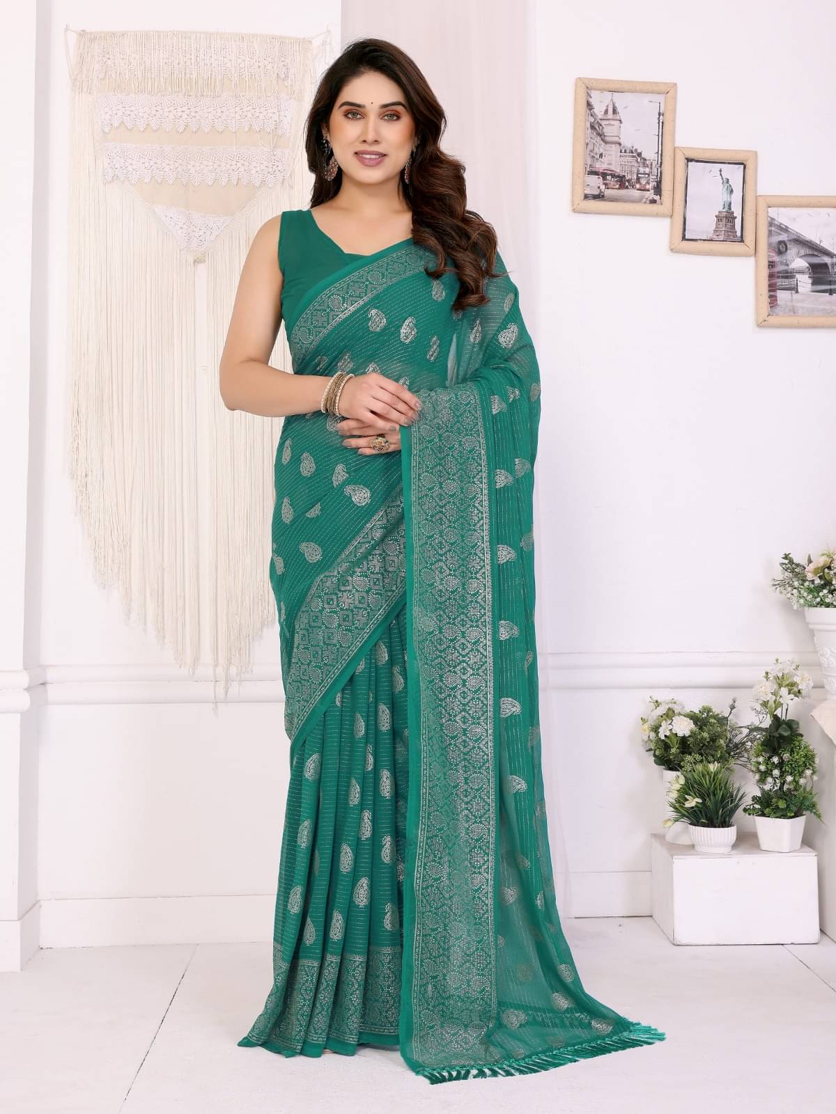 PEER STORE Georgette Self Design Pochampally Ikkat Saree Without Blouse Piece ( Rama ) PEER STORE Georgette Self Design Pochampally Ikkat Saree Without Blouse Piece ( Rama )