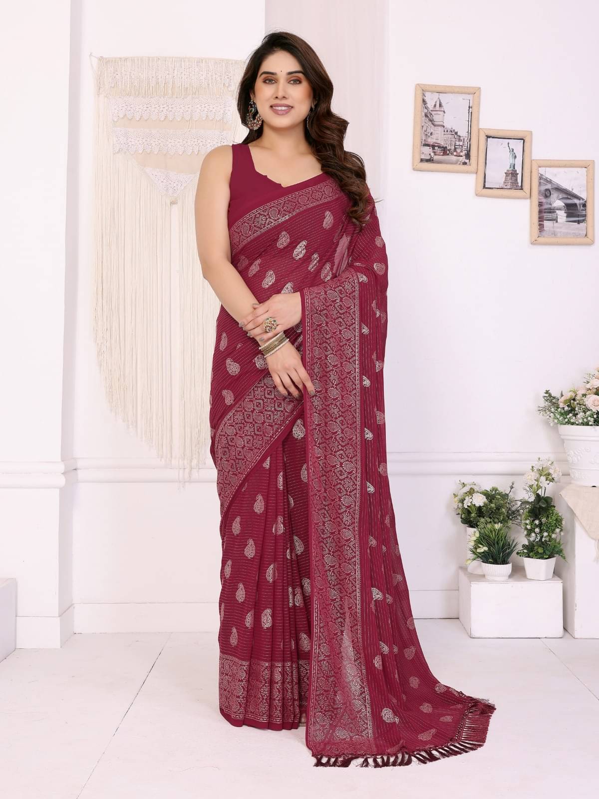 PEER STORE Georgette Self Design Pochampally Ikkat Saree With Unstitched Blouse Piece ( Maroon ) PEER STORE Georgette Self Design Pochampally Ikkat Saree With Unstitched Blouse Piece ( Maroon )