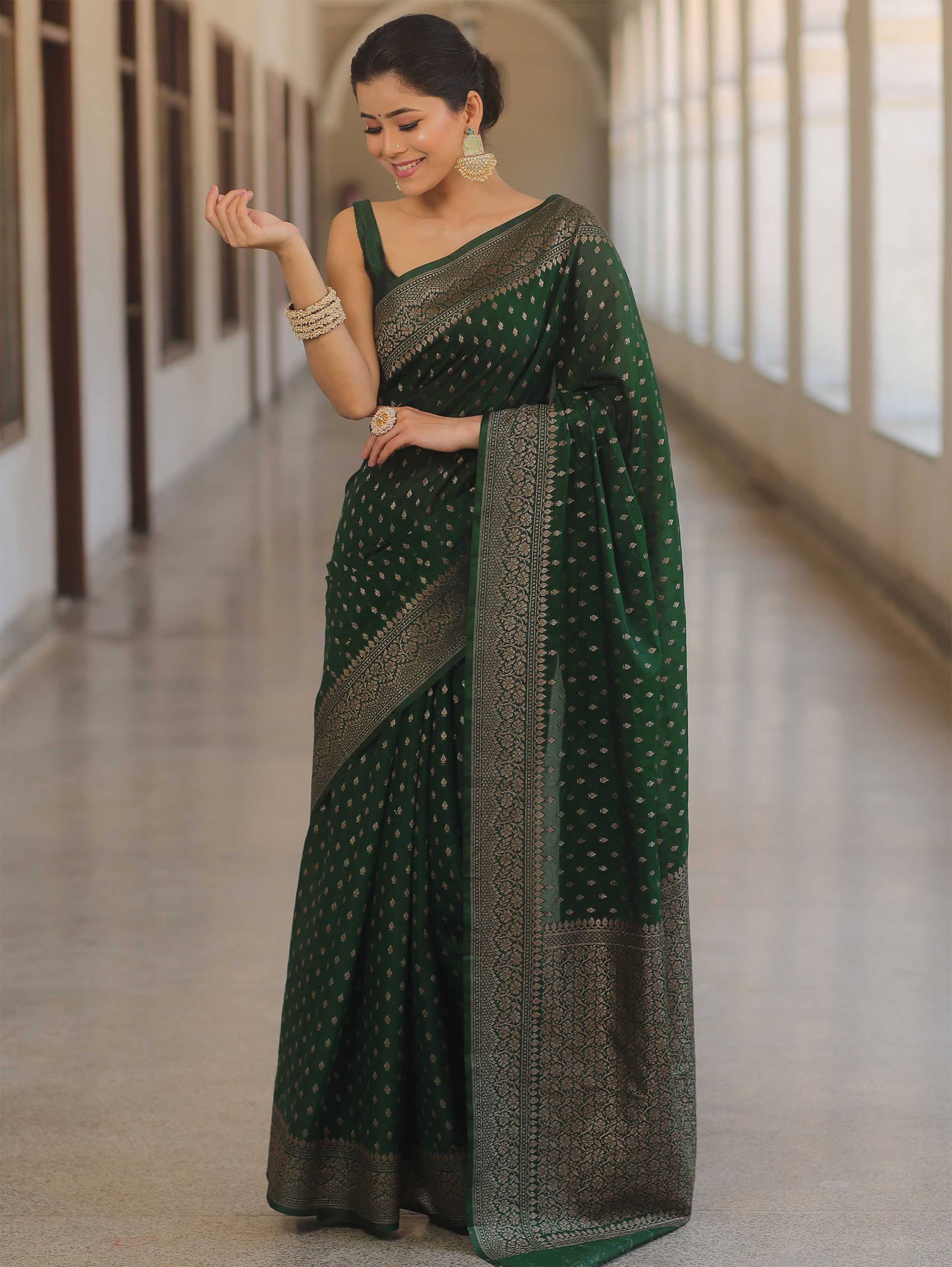 Trijal Fab Jacquard Self Design Kanjeevaram Sarees With Unstitched Blouse Piece ( Green ) Trijal Fab Jacquard Self Design Kanjeevaram Sarees With Unstitched Blouse Piece ( Green )