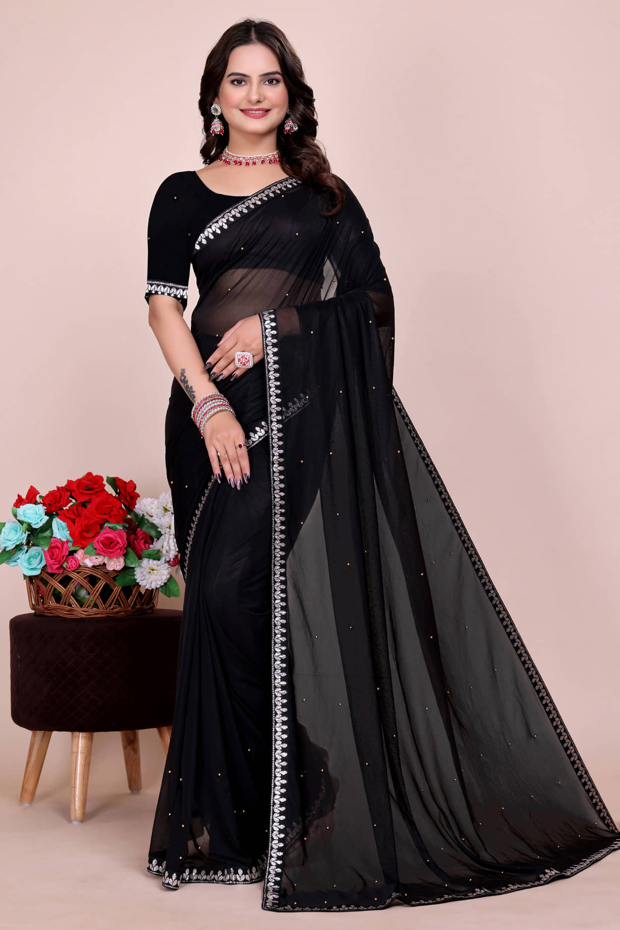 Vkaran Lycra Applique Saree Without Blouse Piece ( Black ) - Sarees | Buy online on ZillyBuy