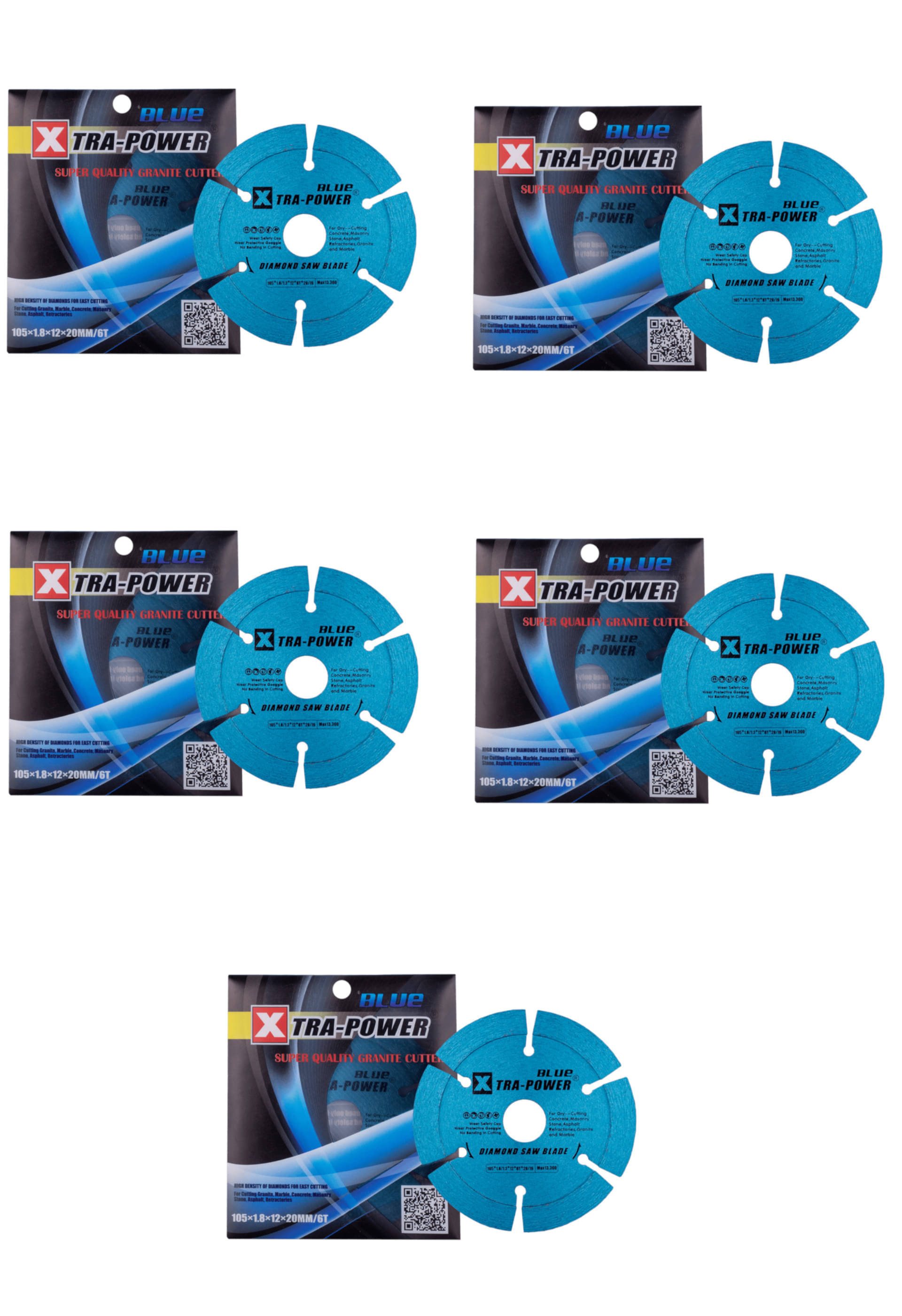     			Xtra Power Diamond Saw BLUE SEG BLADE Size: 105 mm Arbor Hole : 20 mm Type: 6 SEG (Pack of 5 pieces)
