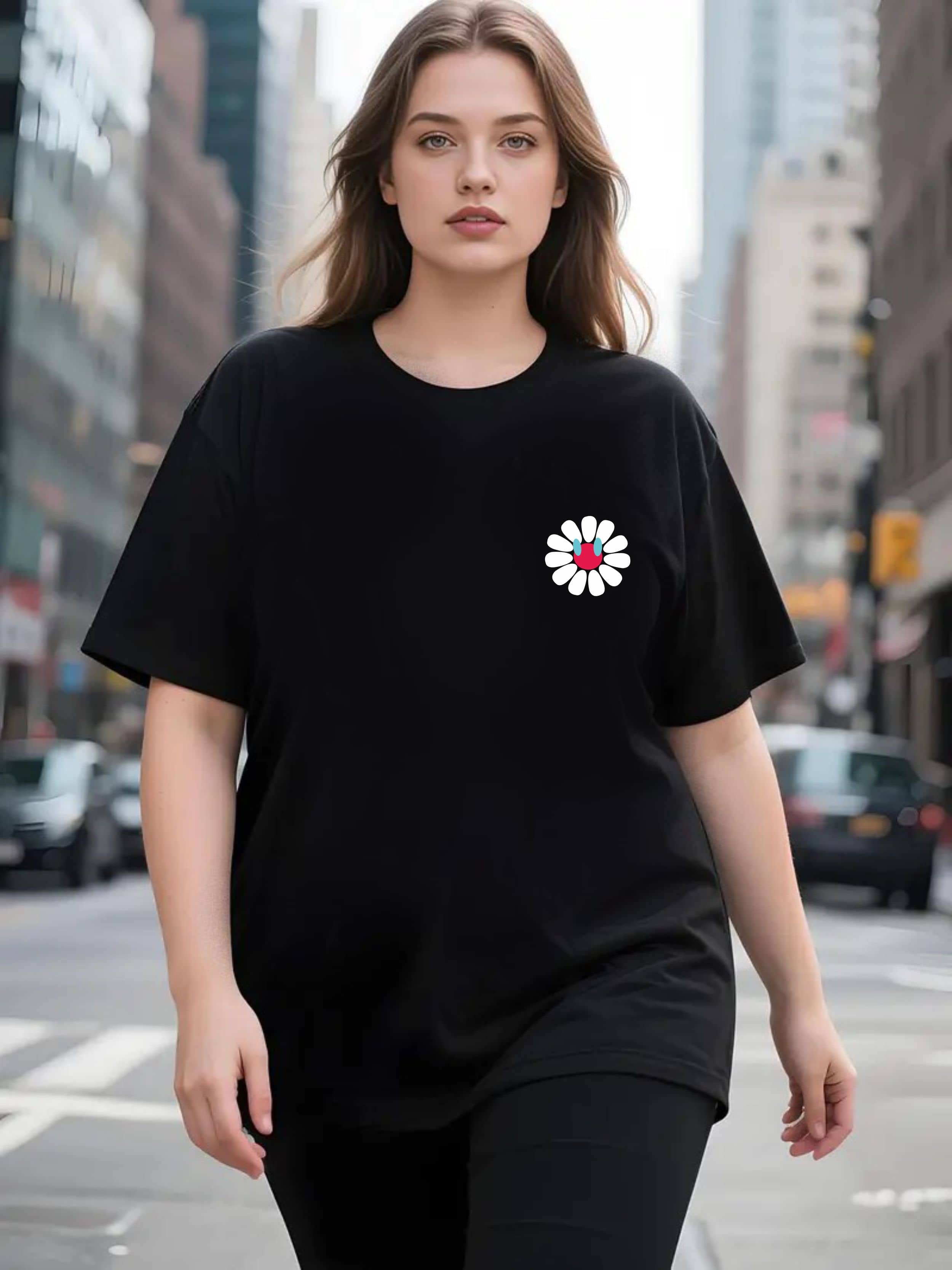 ekadravin Women Cotton Printed Oversized Fit Round Neck T-Shirt ( Black )