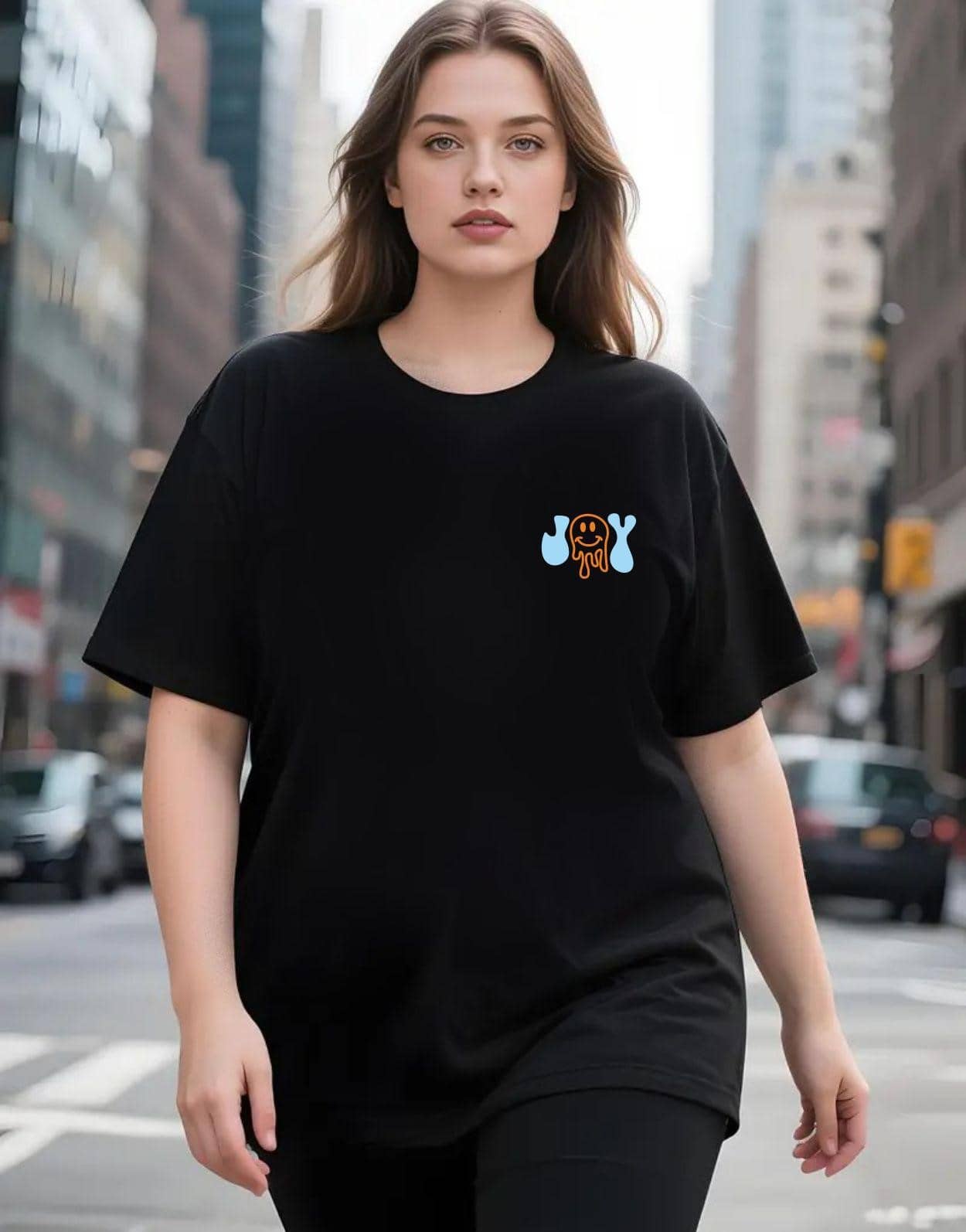 ekadravin Women Cotton Printed Oversized Fit Round Neck T-Shirt ( Black )