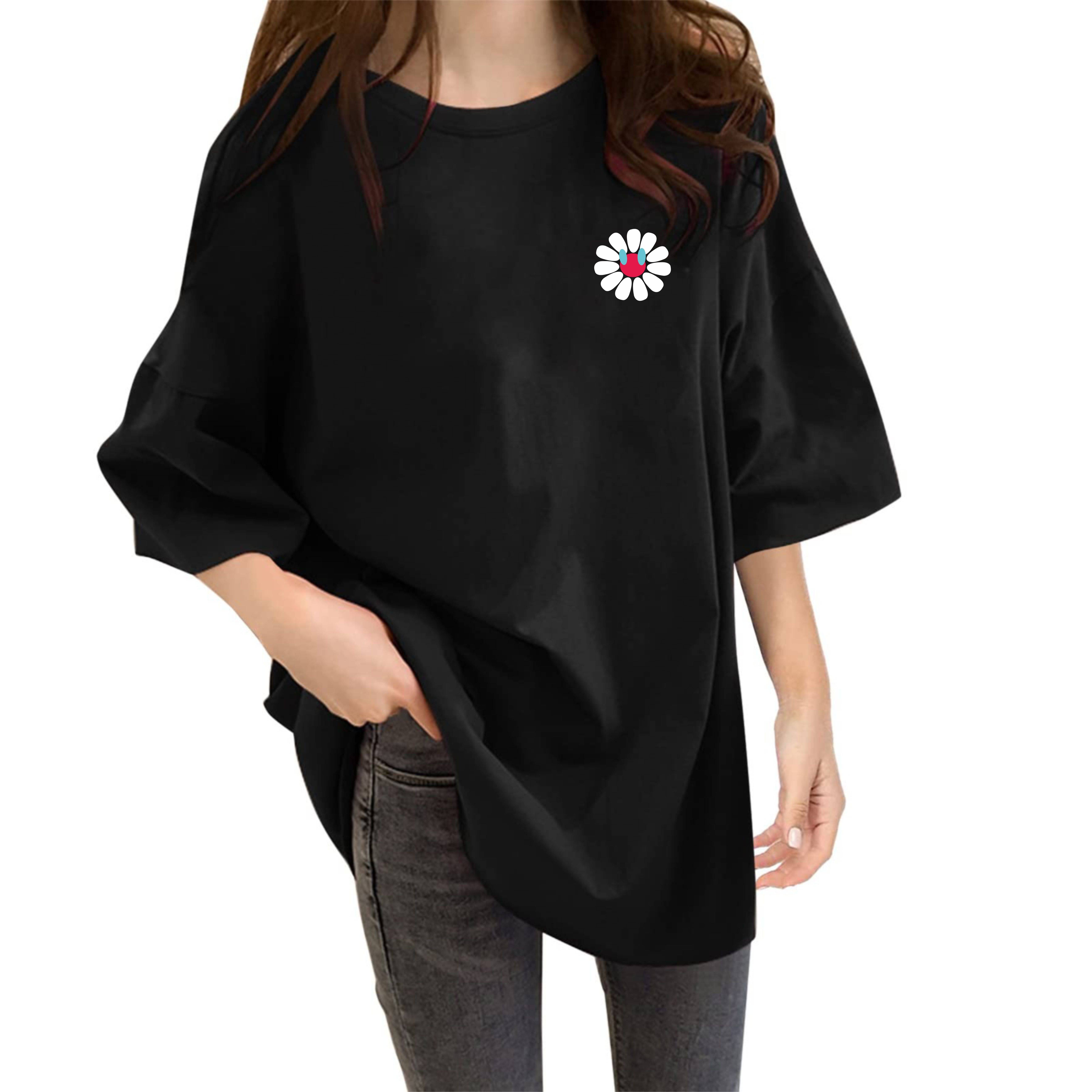     			ekadravin Women Cotton Printed Oversized Fit Round Neck T-Shirt ( Black )