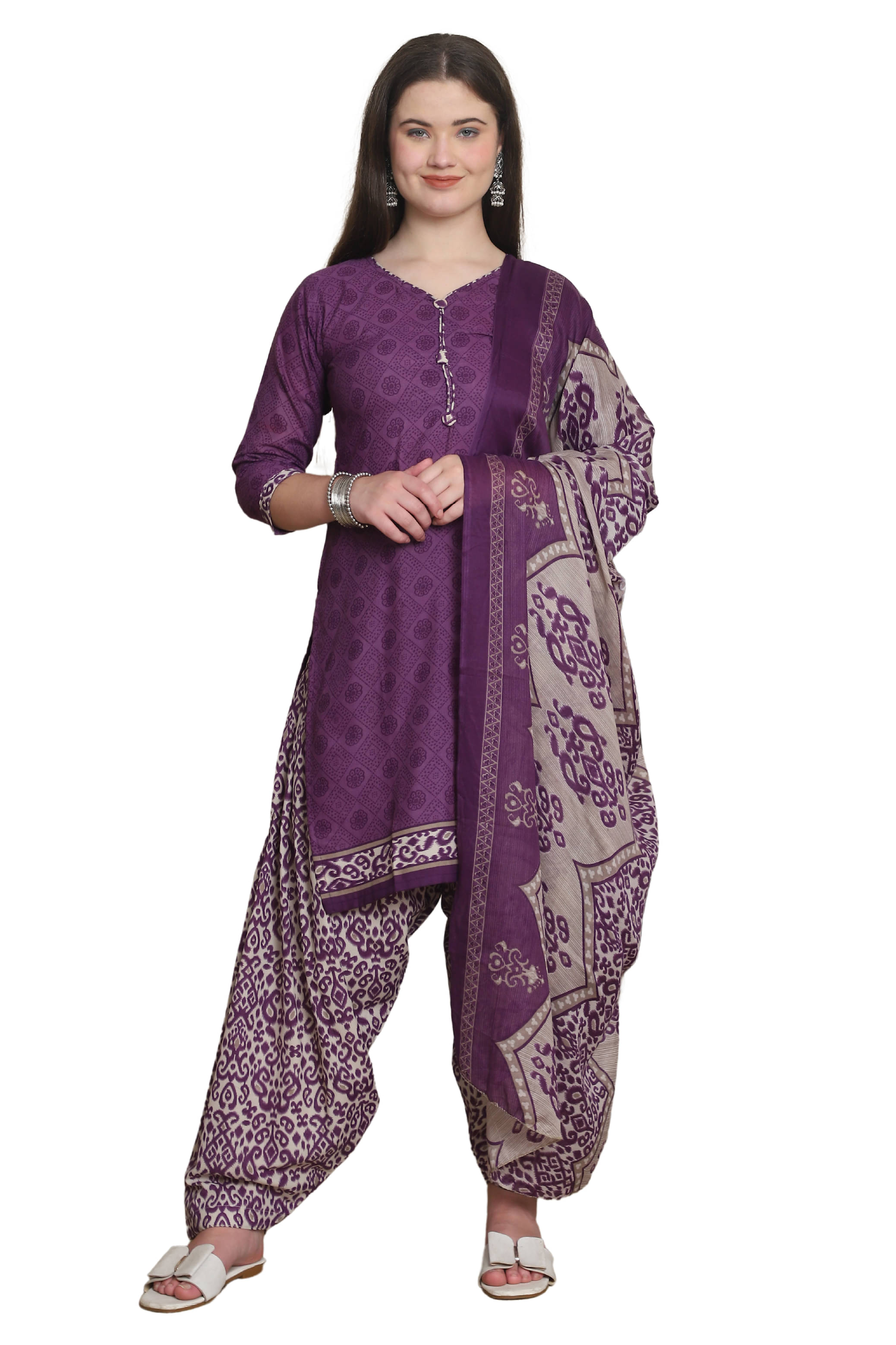     			wonder weave Women Cotton Blend Printed Straight Kurti With Patiala Salwar ( Purple )