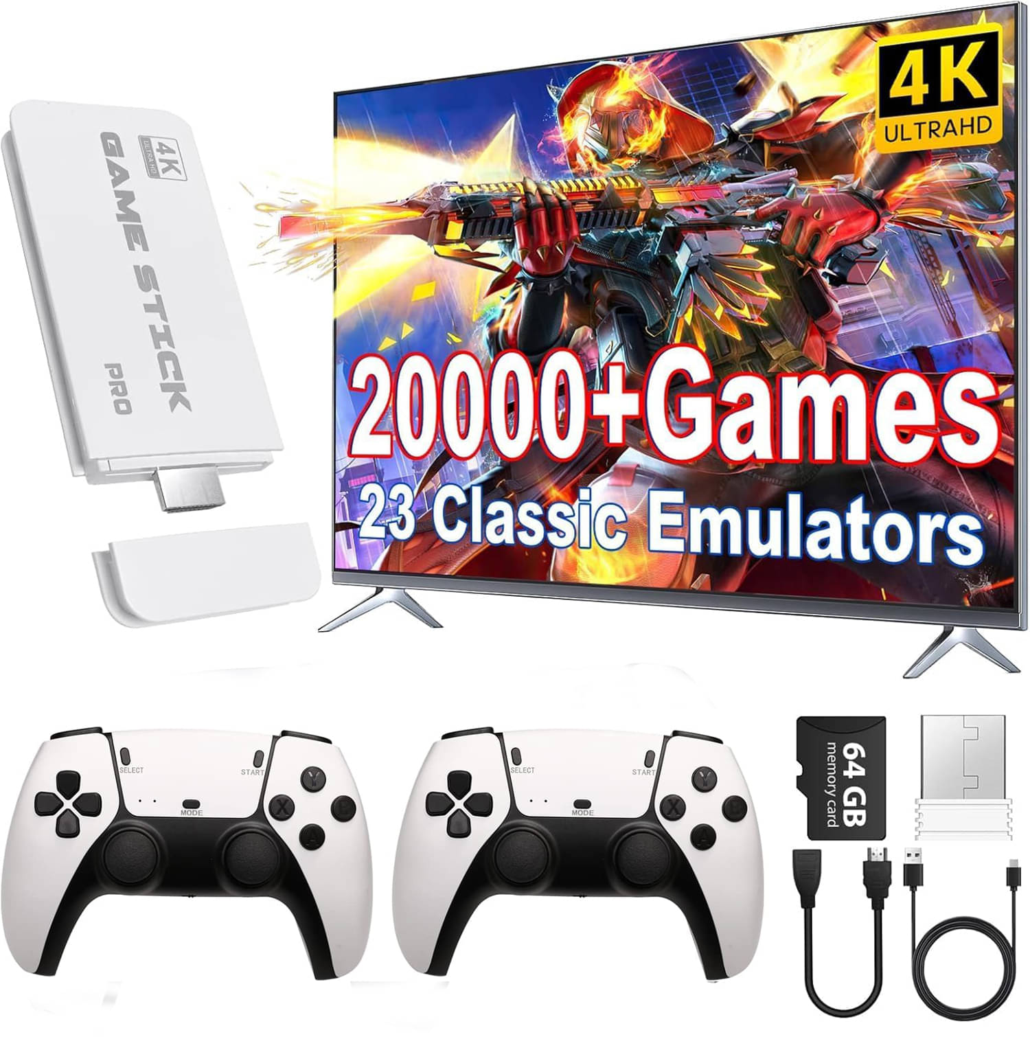     			2025 Wireless TV Game Console Stick 4K，Retro Game Stick with Built-in 9+ Emulators, 20,000+ Games, 4k Hdmi Output & 2.4GHz Wireless Controller Video Games(64G)