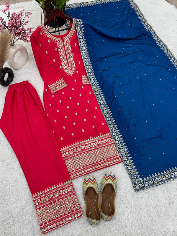 BHAGYASHRAY Women Silk Blend Embroidered Straight Kurti With Pants ( Pink ) BHAGYASHRAY Women Silk Blend Embroidered Straight Kurti With Pants ( Pink )