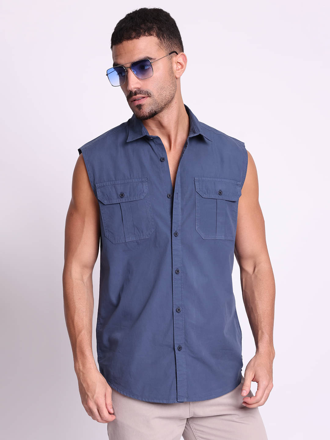 Bene Kleed 100% Cotton Regular Fit Solids Sleeveless Men's Casual Shirt - Navy Blue ( Pack of 1 ) Bene Kleed 100% Cotton Regular Fit Solids Sleeveless Men's Casual Shirt - Navy Blue ( Pack of 1 )