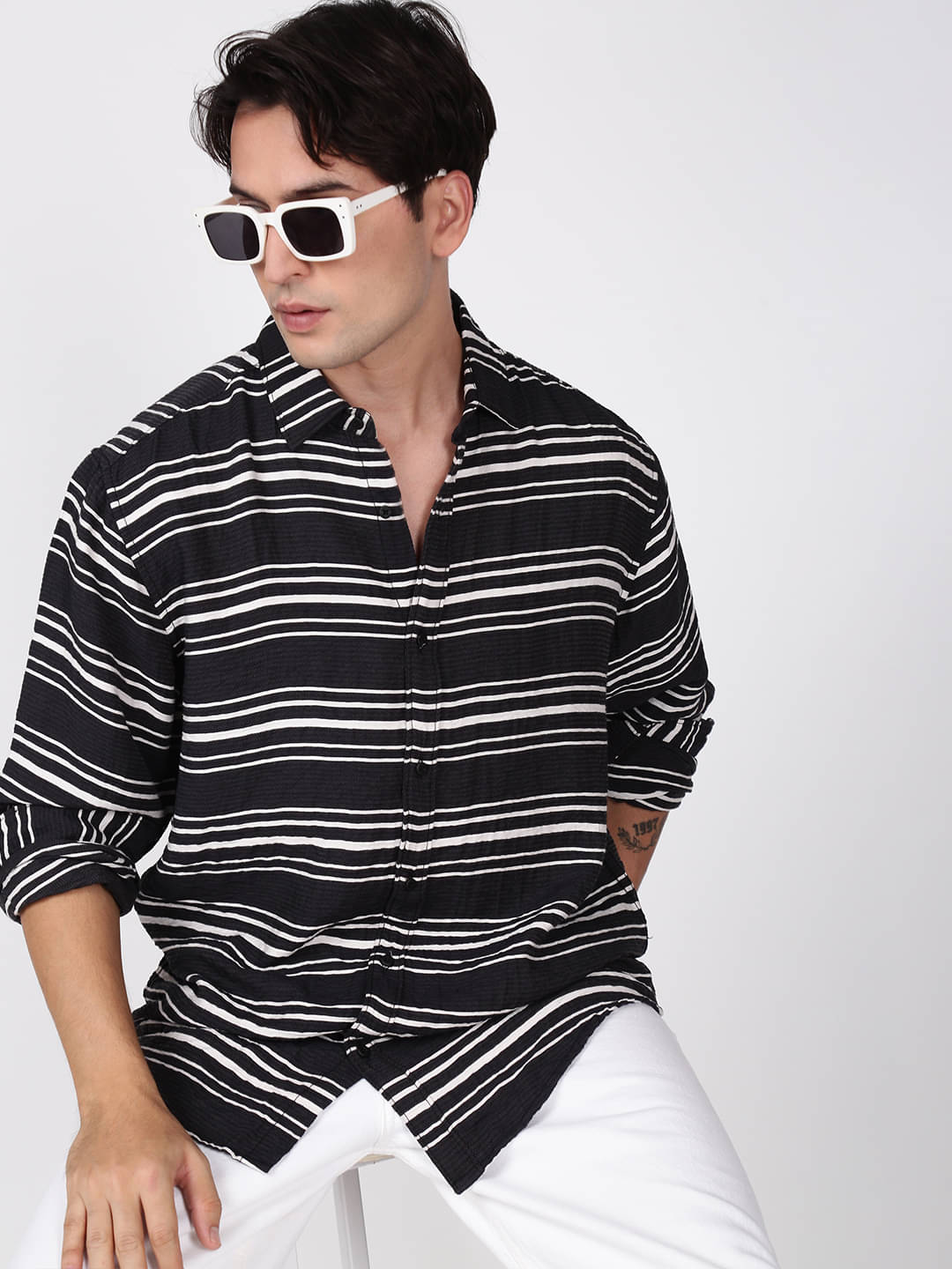     			Bene Kleed Viscose Regular Fit Striped Full Sleeves Men's Casual Shirt - Black ( Pack of 1 )