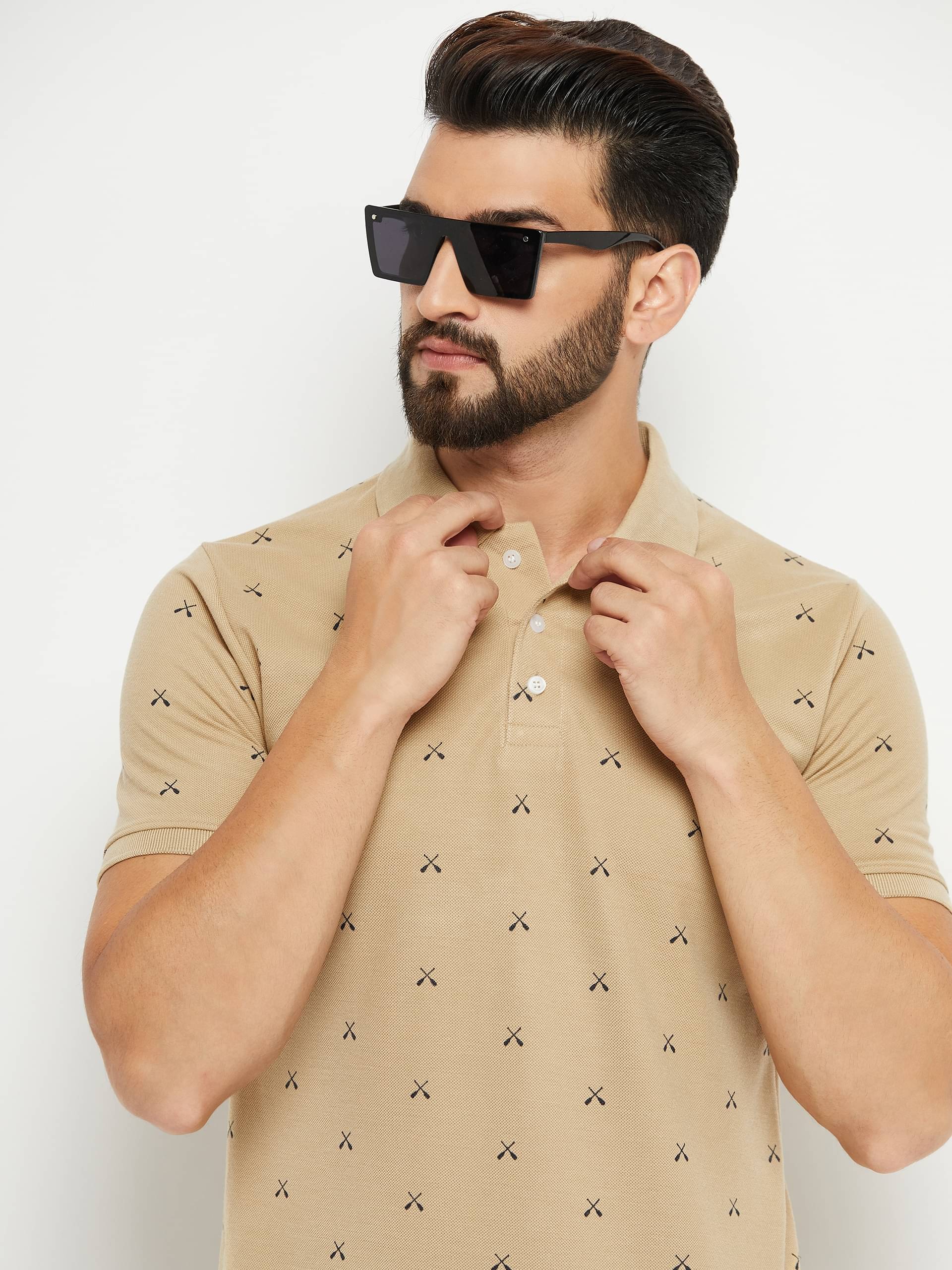 DENNIN Men Cotton Blend Regular Fit Printed Polo T Shirt ( Beige ) DENNIN Men Cotton Blend Regular Fit Printed Polo T Shirt ( Beige )