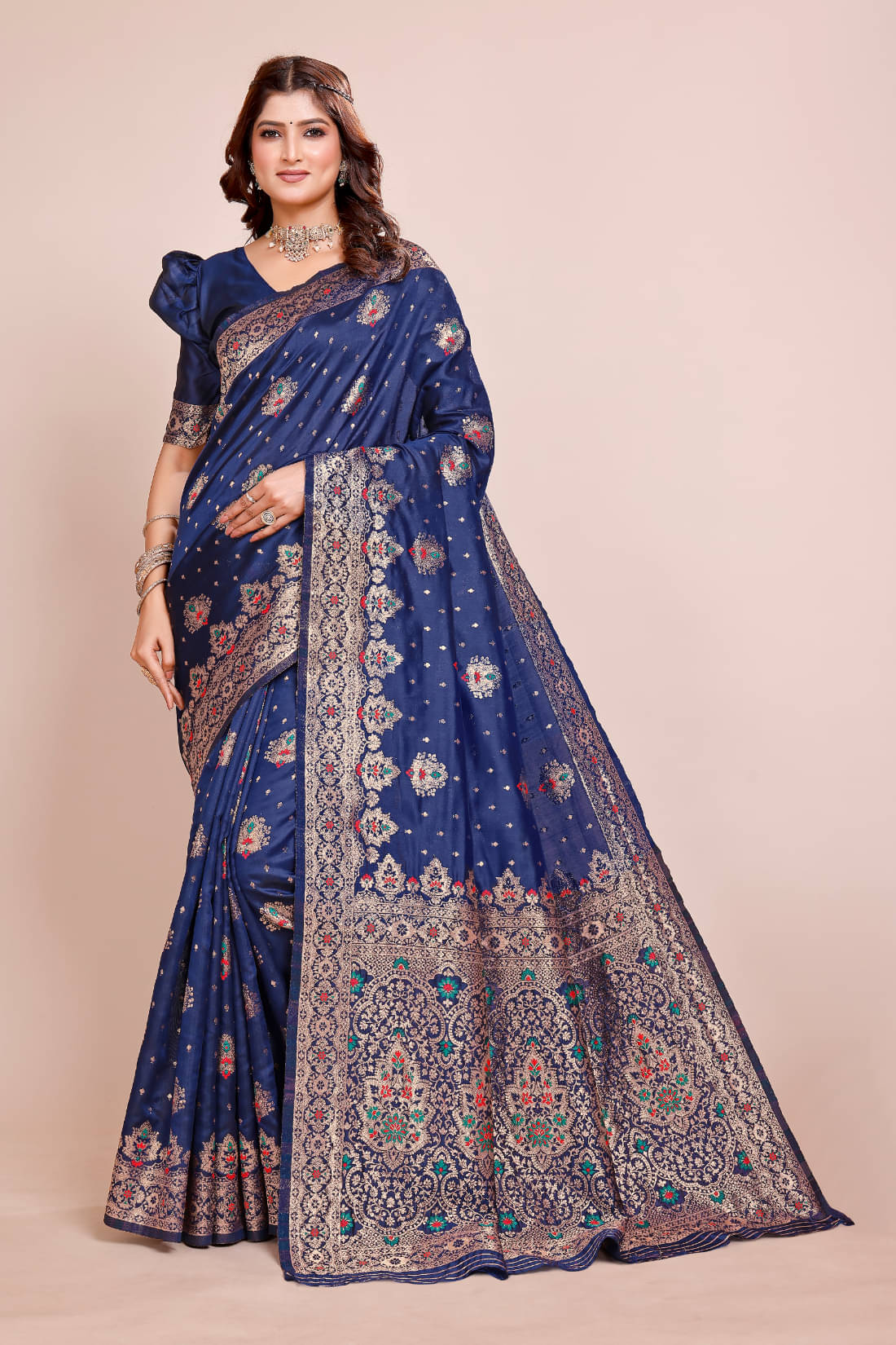 DHAYNA AND REEWA FASHION Georgette Woven Banarasi saree With Unstitched Blouse Piece ( Navy Blue )     			DHAYNA AND REEWA FASHION Georgette Woven Banarasi saree With Unstitched Blouse Piece ( Navy Blue )