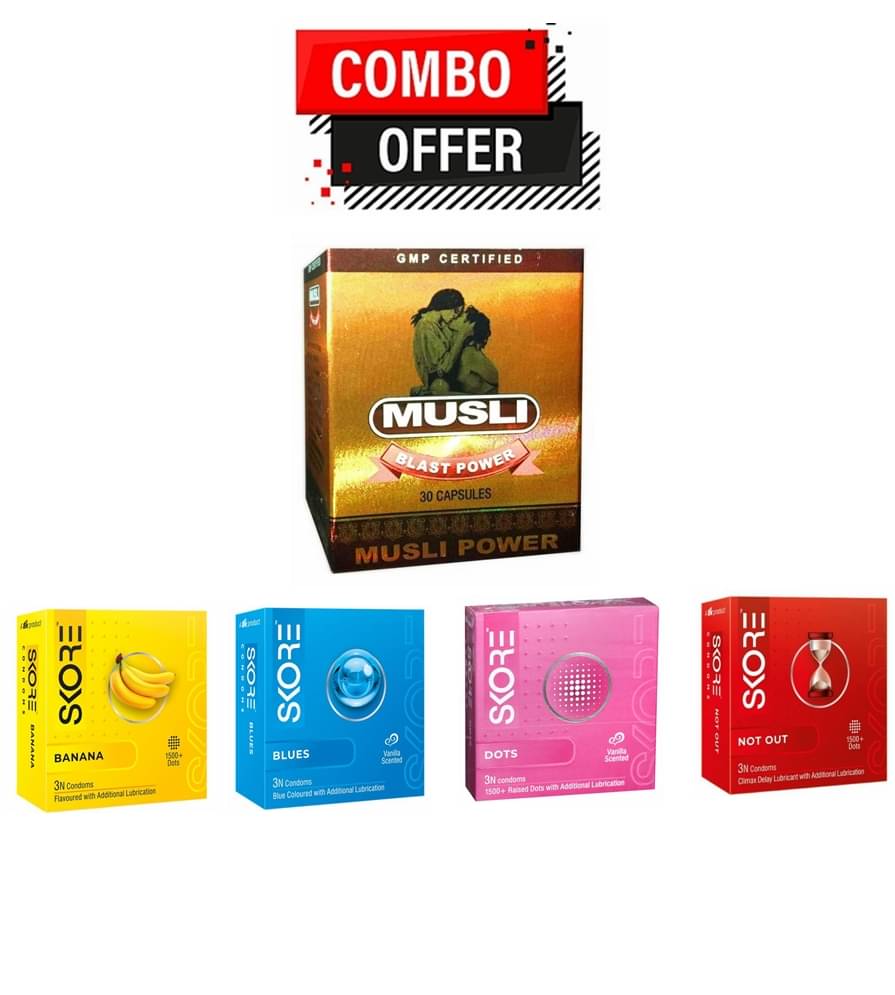     			Dr. Chopra Musli Blast Power Capsule 30no.s & SKore 3Condoms 4 Different Flavours Pack of 5