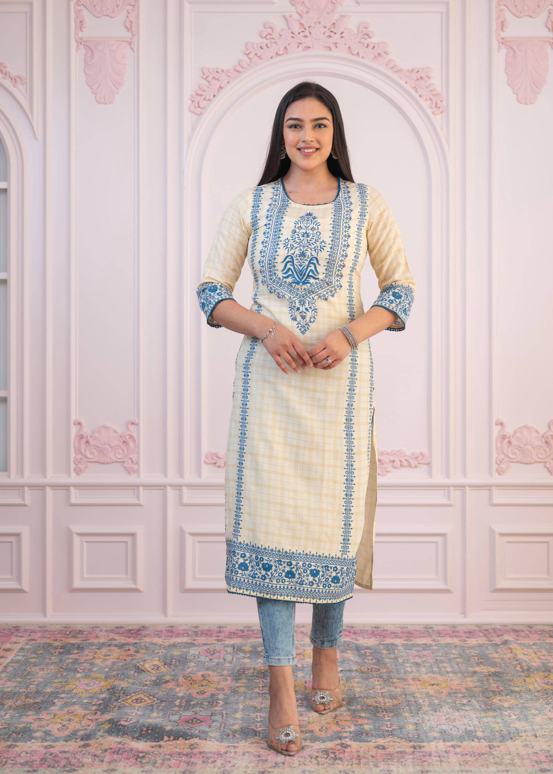     			Juniper Women Viscose Embroidered Straight Kurti ( Blue )