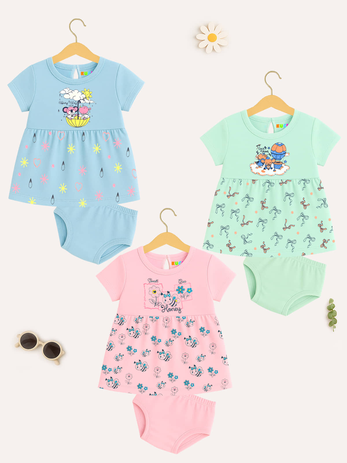 Kuchipoo Cotton Blend Dress For Girls ( Pack of 3 , Multicolor )