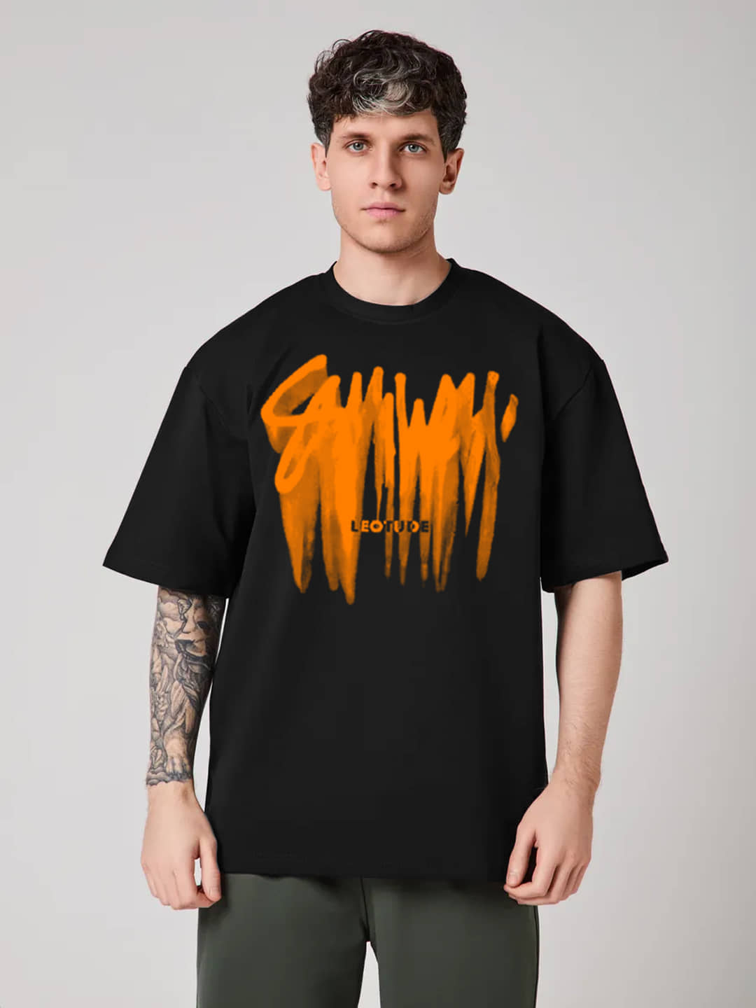 Leotude Men Cotton Blend Oversized Fit Printed T-Shirt ( Black )
