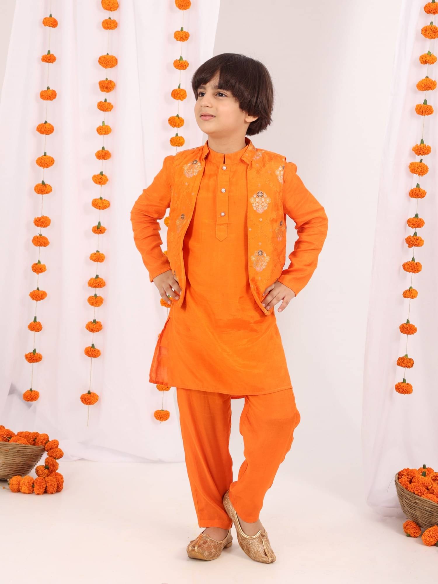 MASTARANG Boys Polyester Ethnic - Pattern Kurta Pyjama Set ( Orange , Pack of 1 ) MASTARANG Boys Polyester Ethnic - Pattern Kurta Pyjama Set ( Orange , Pack of 1 )