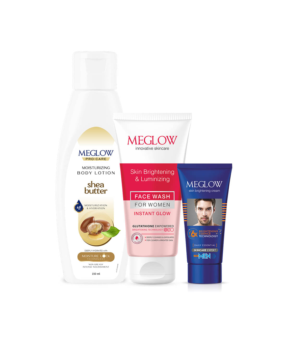 Meglow 3-in-1 Daily Nourish combo Shea Body Lotion + Men’s Brightening Cream + Women’s Facewash Meglow 3-in-1 Daily Nourish combo Shea Body Lotion + Men’s Brightening Cream + Women’s Facewash