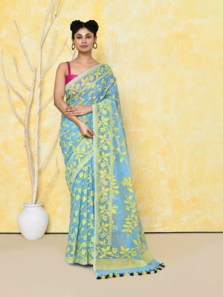     			PIYARI FASHION Cotton Silk Self Design Jamdani Saree Without Blouse Piece ( Sky Blue )
