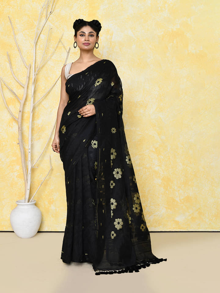     			PIYARI FASHION Cotton Silk Self Design Jamdani Saree Without Blouse Piece ( Black )