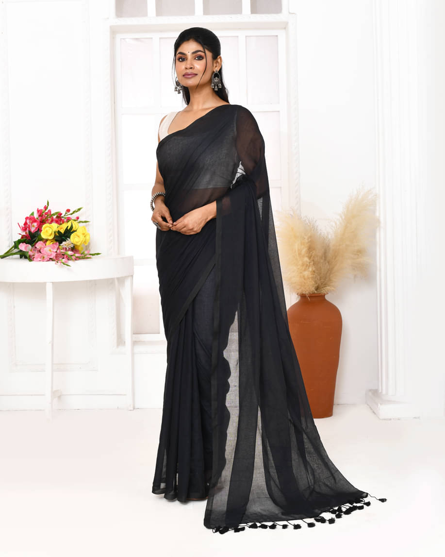     			PIYARI FASHION Cotton Solid Tant Saree Without Blouse Piece ( Black )