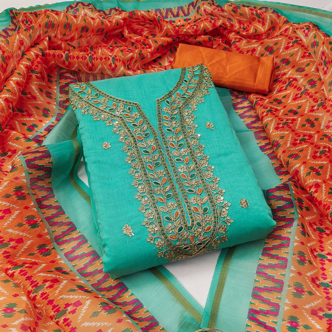 Rangtulika Ethnics Women Chanderi Unstitched Dress Material ( Blue ) Rangtulika Ethnics Women Chanderi Unstitched Dress Material ( Blue )