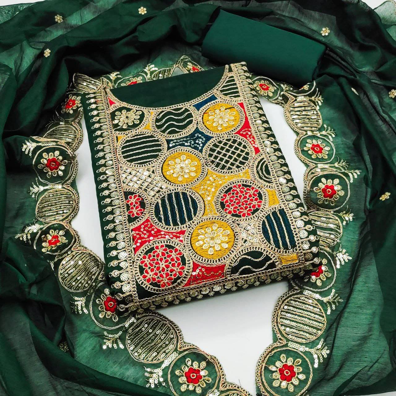     			Rangtulika Ethnics Women Chanderi Unstitched Dress Material ( Green )