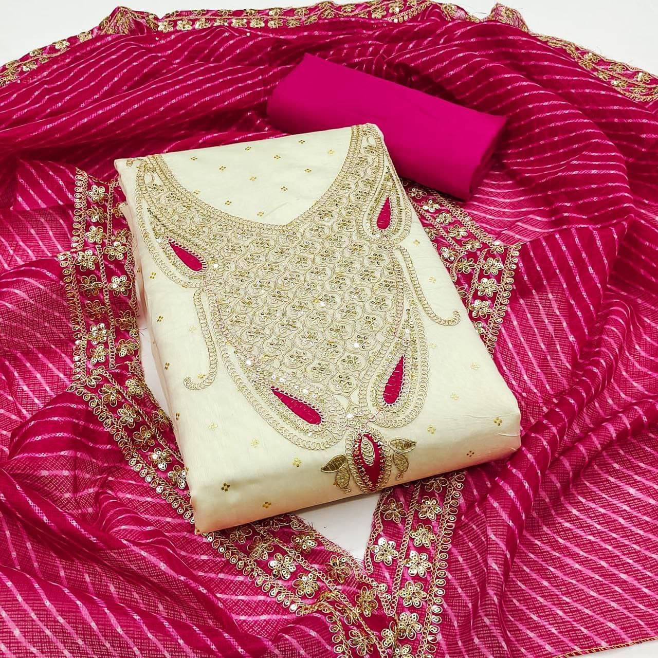 Rangtulika Ethnics Women Chanderi Unstitched Dress Material ( Cream )     			Rangtulika Ethnics Women Chanderi Unstitched Dress Material ( Cream )