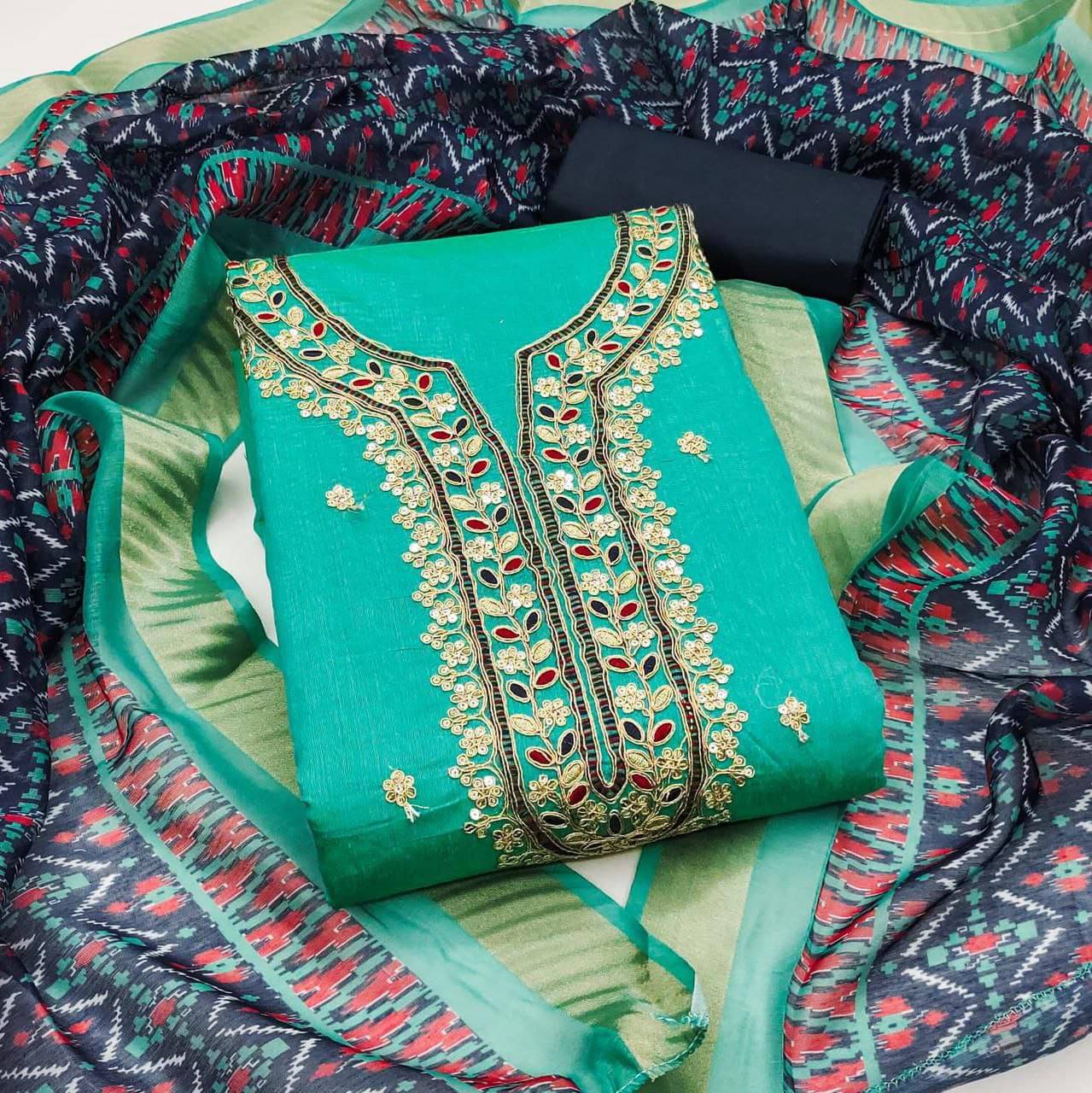     			Rangtulika Ethnics Women Chanderi Unstitched Dress Material ( Teal )