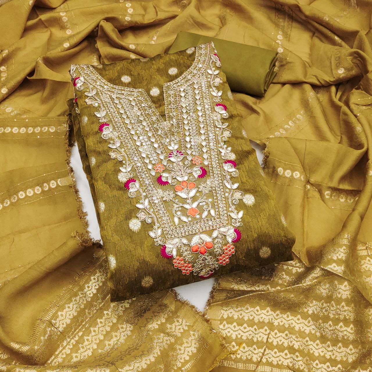 Rangtulika Ethnics Women Shimmer Unstitched Dress Material ( Mustard )     			Rangtulika Ethnics Women Shimmer Unstitched Dress Material ( Mustard )